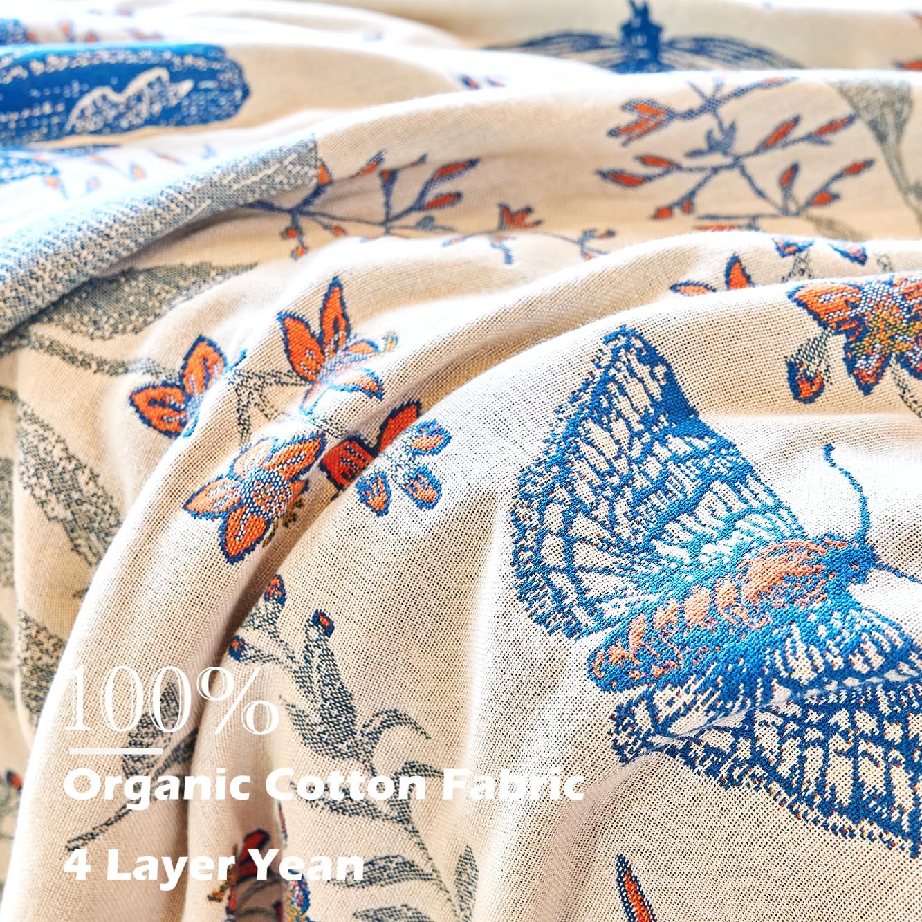 Boho Throw Blanket, 100% Organic Cotton Breathable Ultra Soft Bed Quilt Throw - All Season Floral Bird Butterfly Farmhouse Decor Blanket for Sofa Couch Chair and Gift. 60" x 80" - Image 6