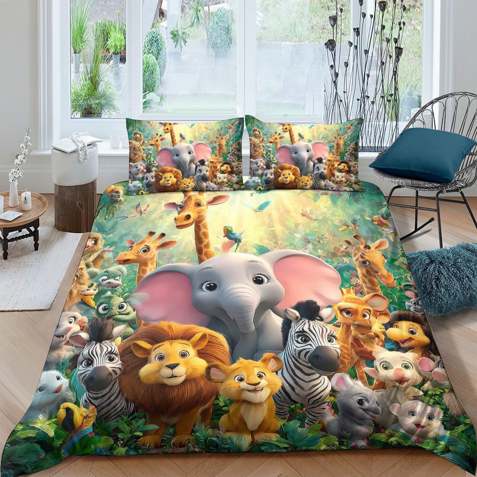 TUFRTGYHN 3D Printed Jungle Animal Duvet Cover Microfiber Soft Breathable Safari Cartoon Bedding Set with 2 Pillowcases for Bedroom Decor Single（135x200cm）