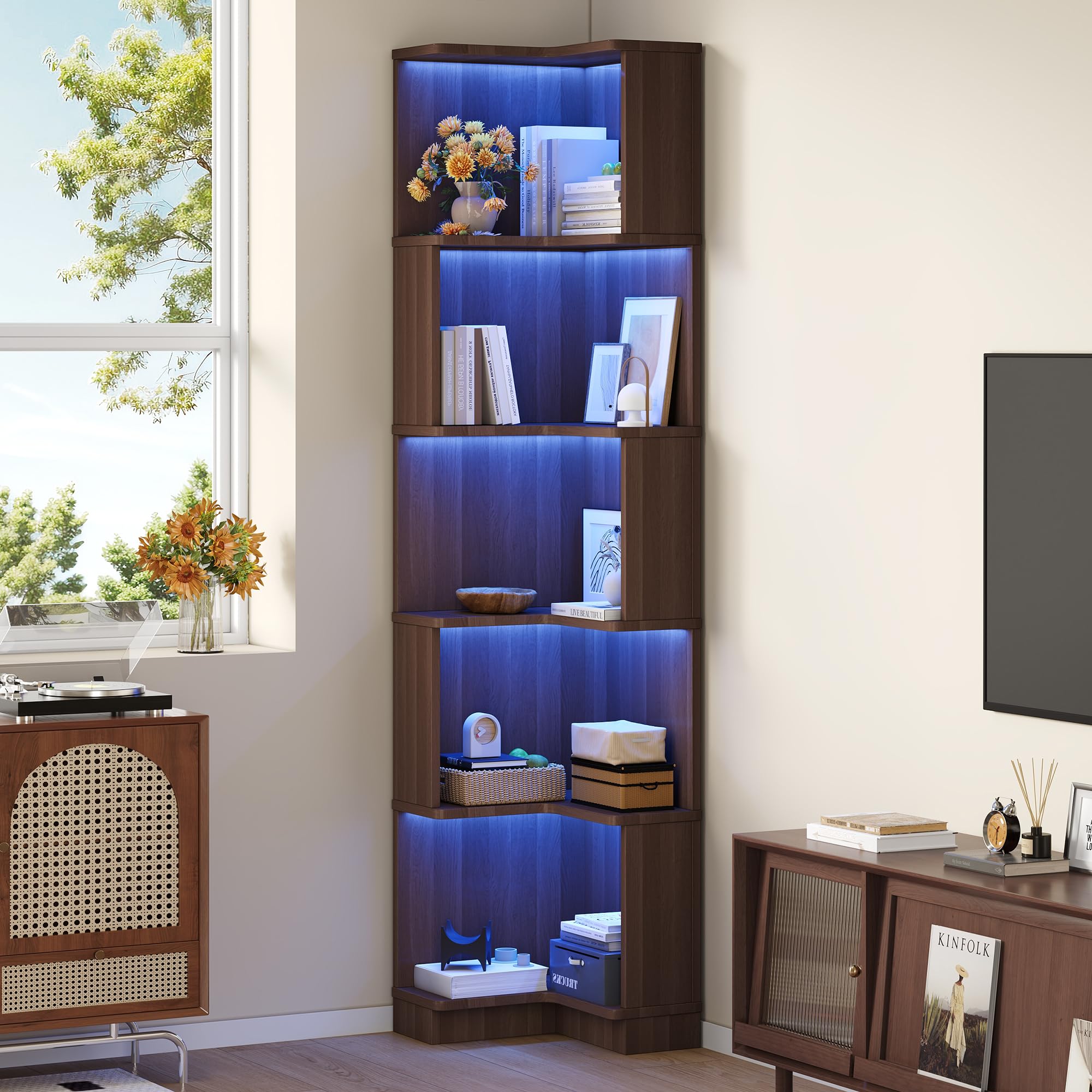 BTM Eckbücherregal mit LED-Lichtleiste Eckregal Holz Stehend Wohnzimmer Bücherregal Schmal, Braun 63.5 x 45 x 175cm