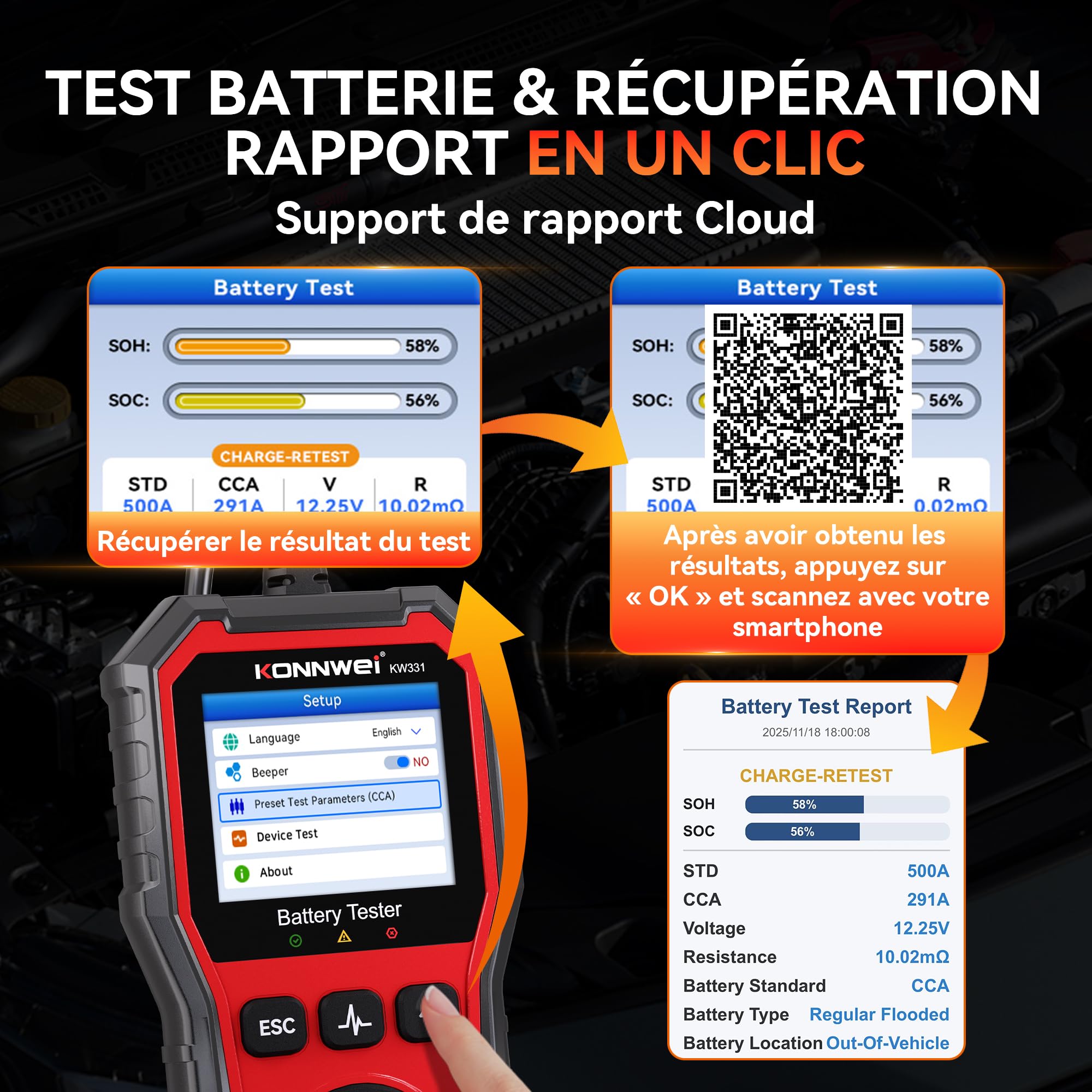 KONNWEI KW331 Testeur de Batterie avec Impression Cloud 10-2000 CCA 6V 12V 24V AGM Lithium Gel Batterie Analyseur Numérique Alternateur Système de Charge et Démarrage Voiture Moto Camions Marrine