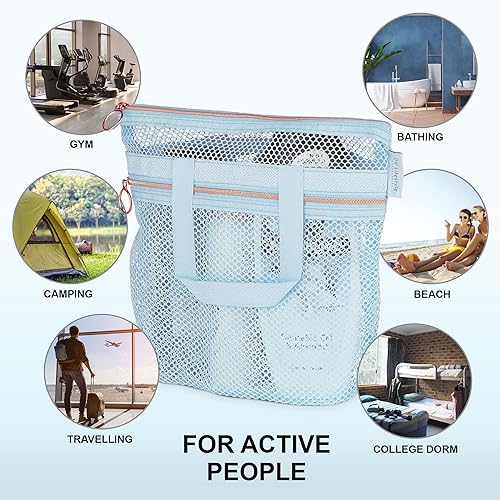 Miniatura 4 de Bolsa de ducha de malla de 10.2 x 9.9 pulgadas de secado rápido con cremallera y 2 bolsillos. Neceser portátil para baño, gimnasio, viajes,