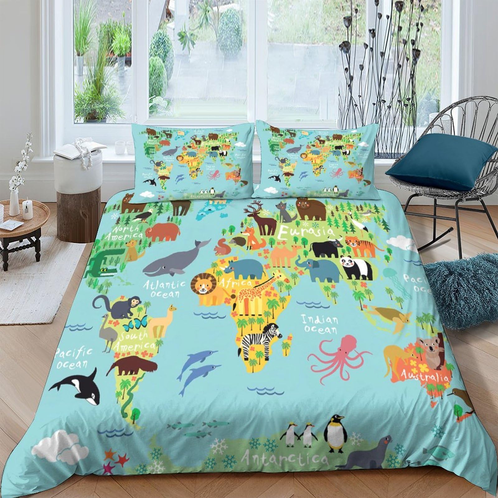 Linge de lit carte du monde animal en dessin animé pour chambre chaleureuse