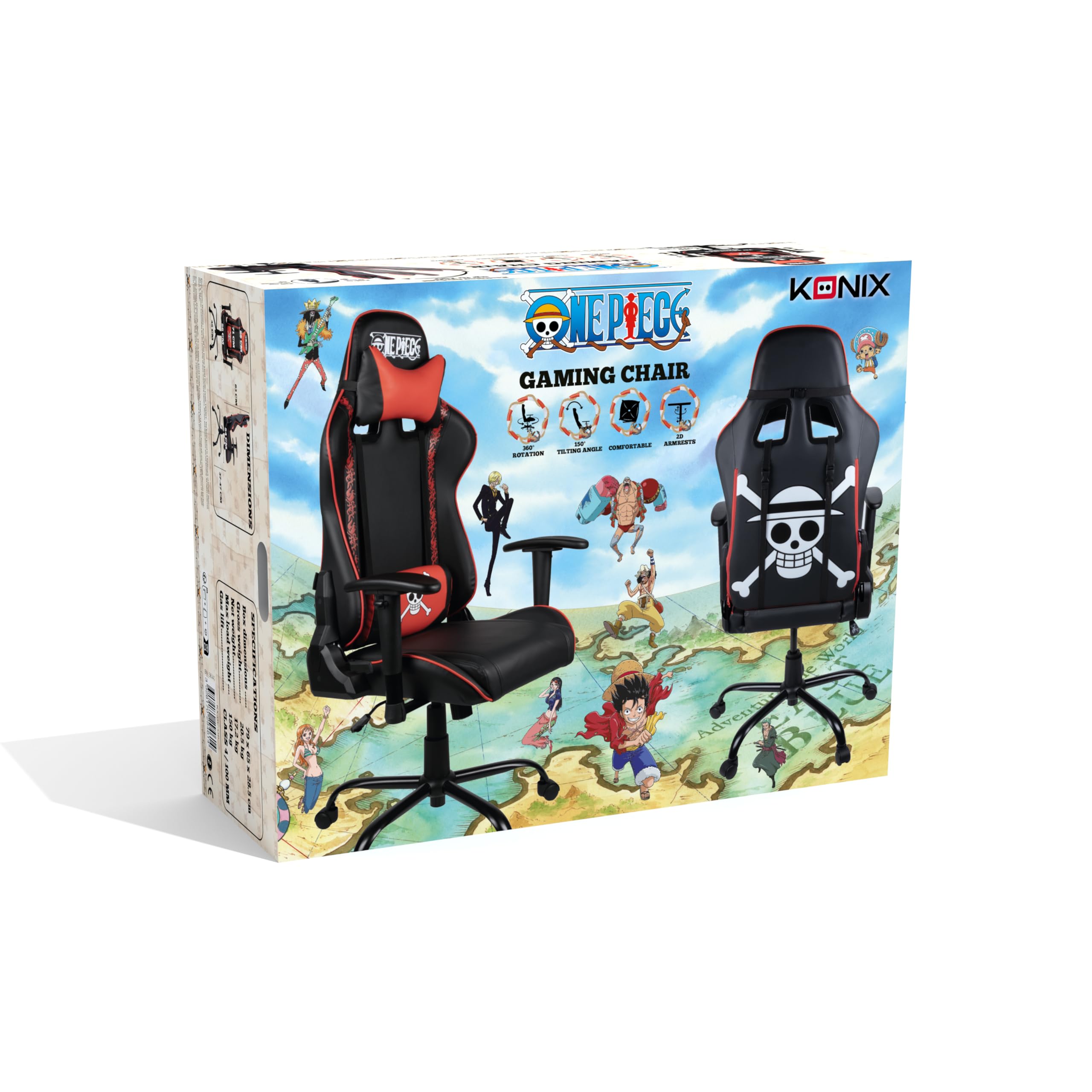 Konix Sedia da ufficio da gioco One Piece - Inclinazione del sedile di 150° - Pelle PU liscia - Nero e rosso