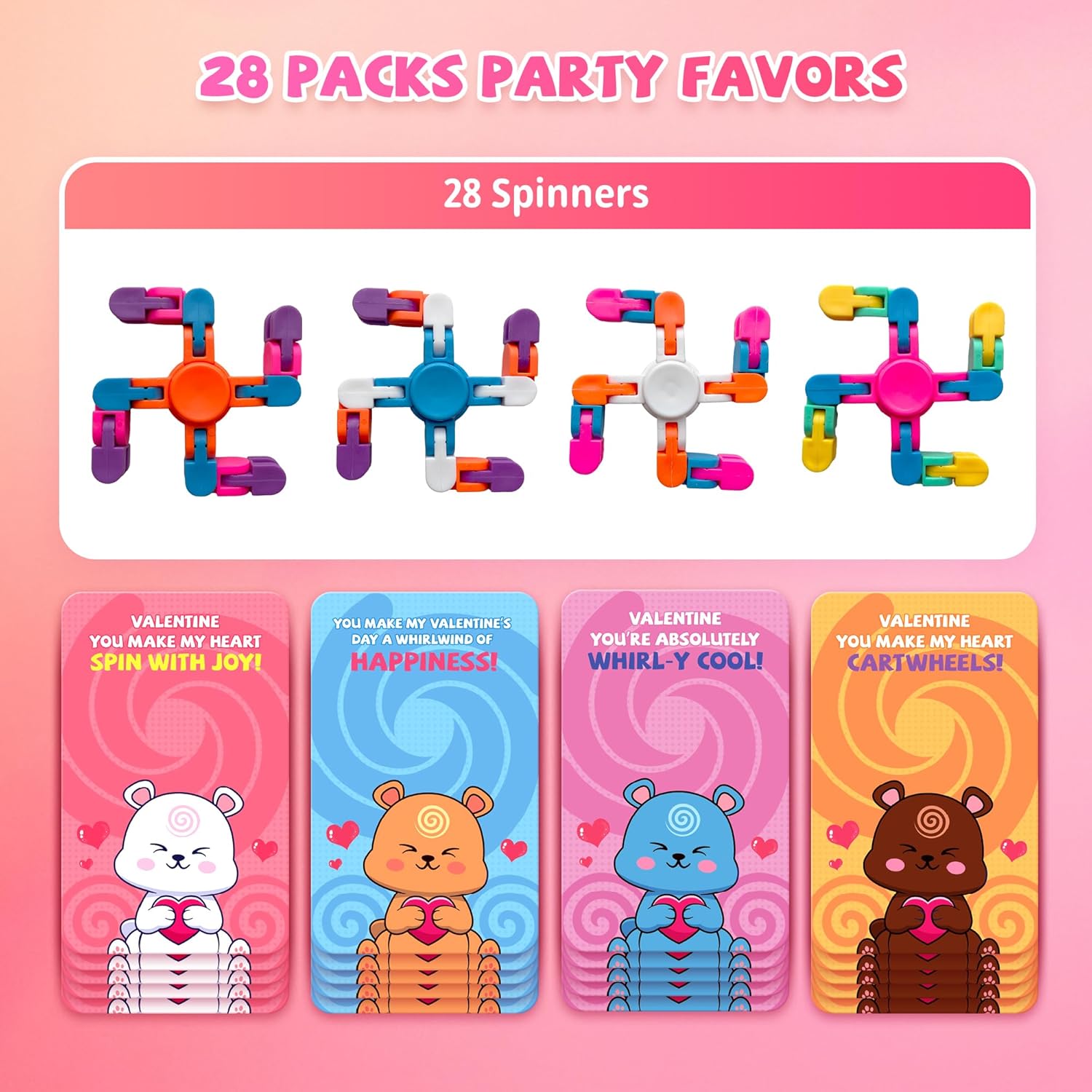 Valentines Cards for Kids Classroom - 28 Pack Wacky Tracks Fidget Spinner with Valentine's Day Cards for Kids, Stress Relief Fidget Toys for Kids and Valentine's Party Favors, Classroom Gift Exchange