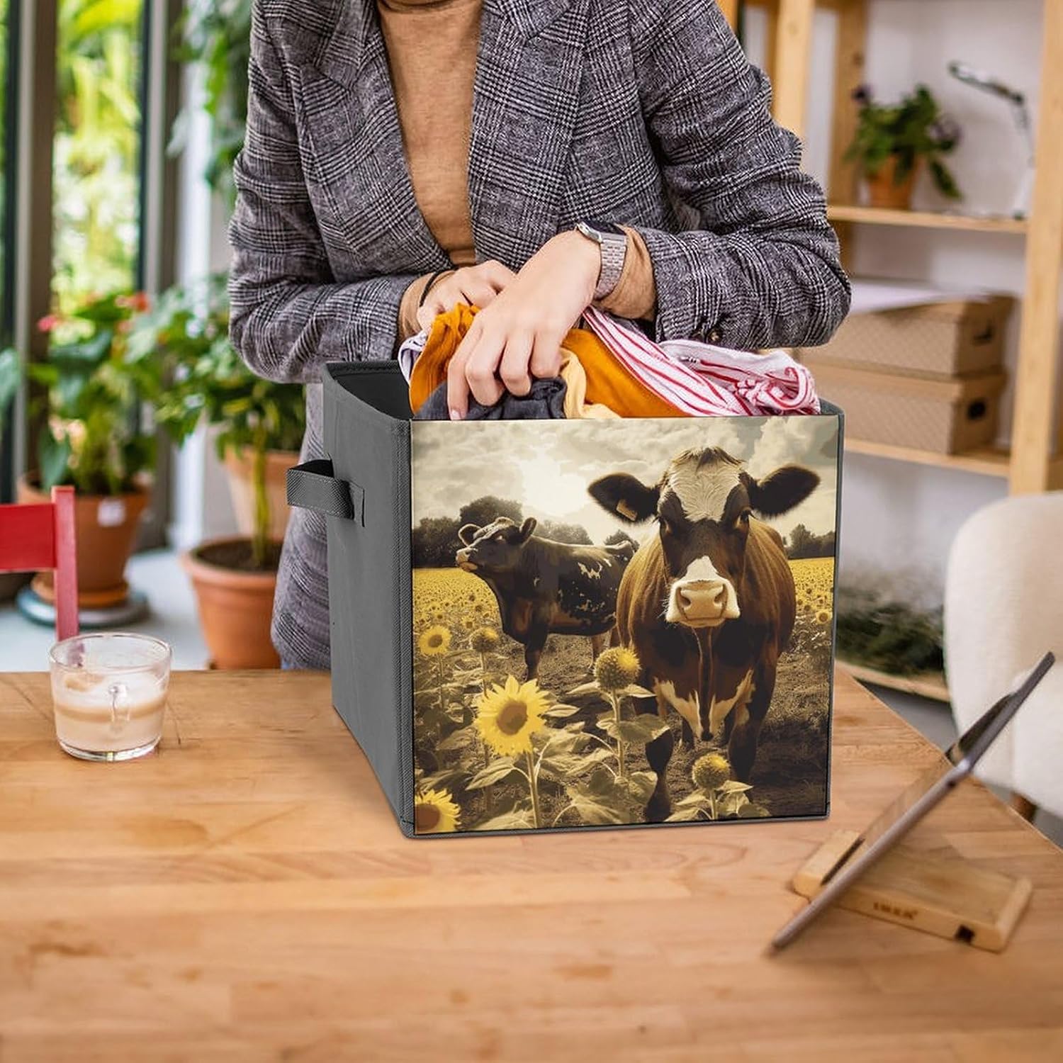 Folding Storage Bins Oxford Fabric Clothes Storage Boxes with Handles | 3D Animal Brown Cow Cube Organizer, Easy to Store, Multi Functional Cube Storage Organizer for Office Bedroom