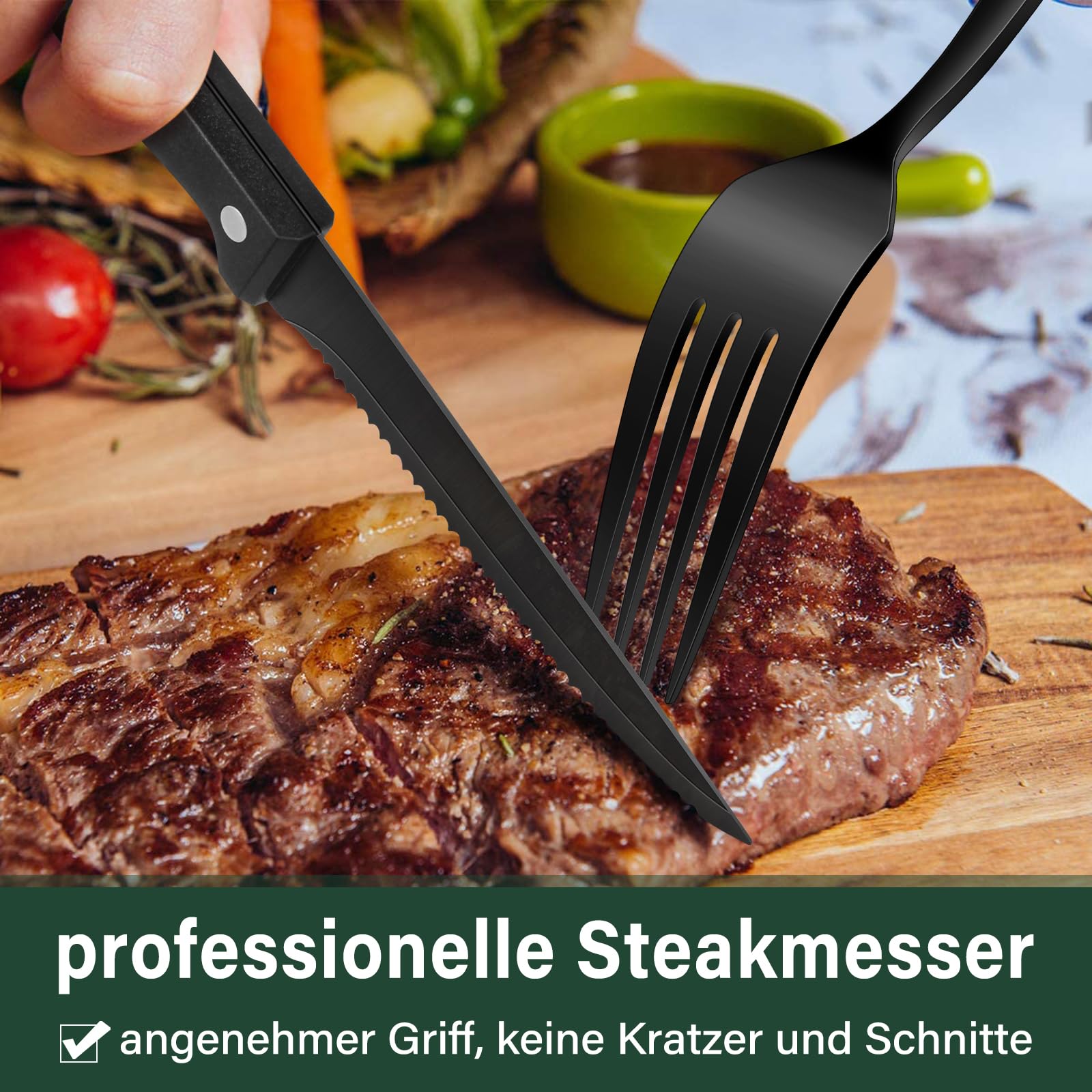 Terlulu 36 teiliges Edelstahl Besteckset mit Steakmesser Schwarz, Besteck Set 6 Personen, Elegantes Essbesteck Set mit Messer Gabel Löffel, Tafelbesteck für Haus/Party/Restaurant, Spülmaschinenfest