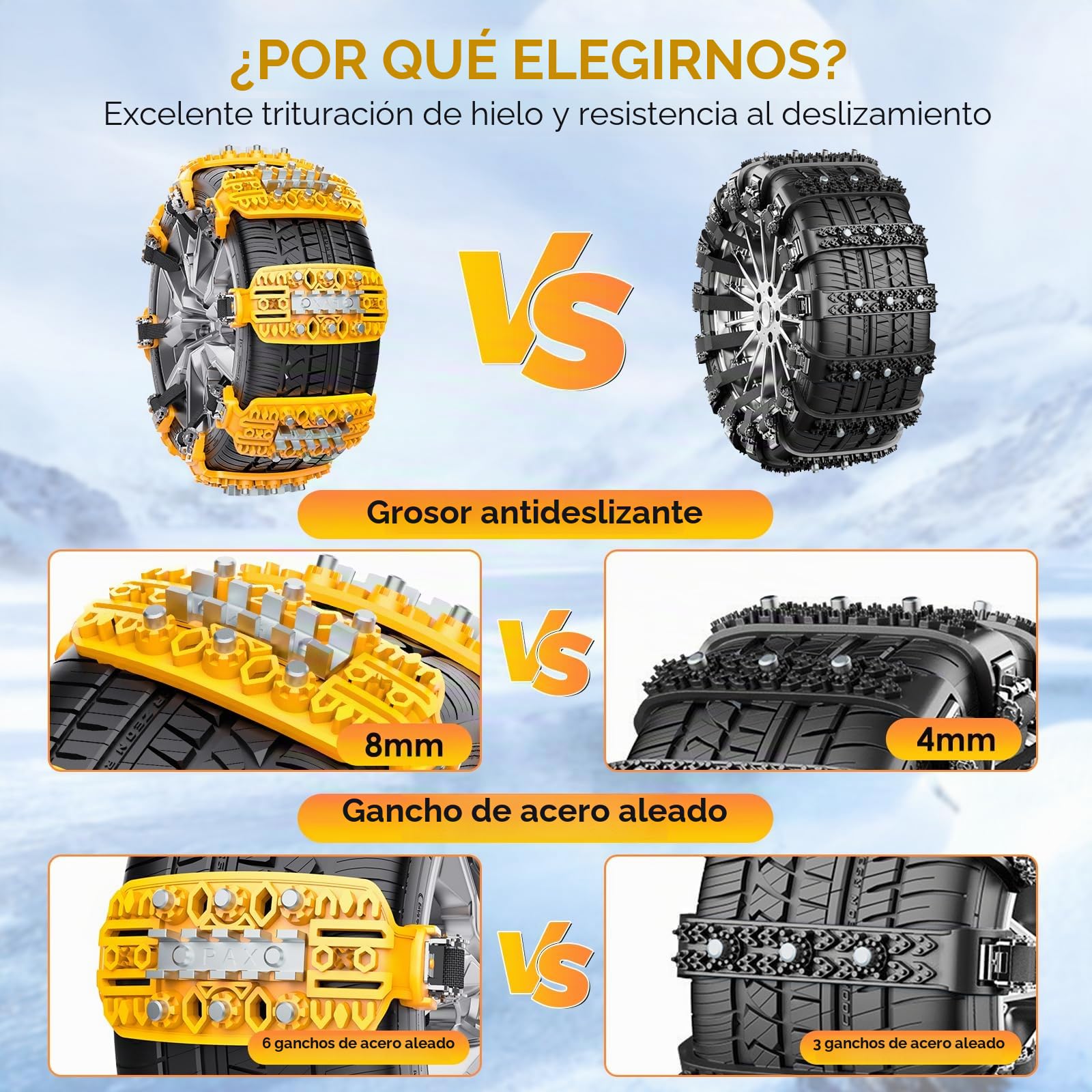 Cadenas de nieve universales para coche – 6 piezas antideslizantes de emergencia para neumáticos – Cadenas de tracción ajustables para TPU Van Camión SUV