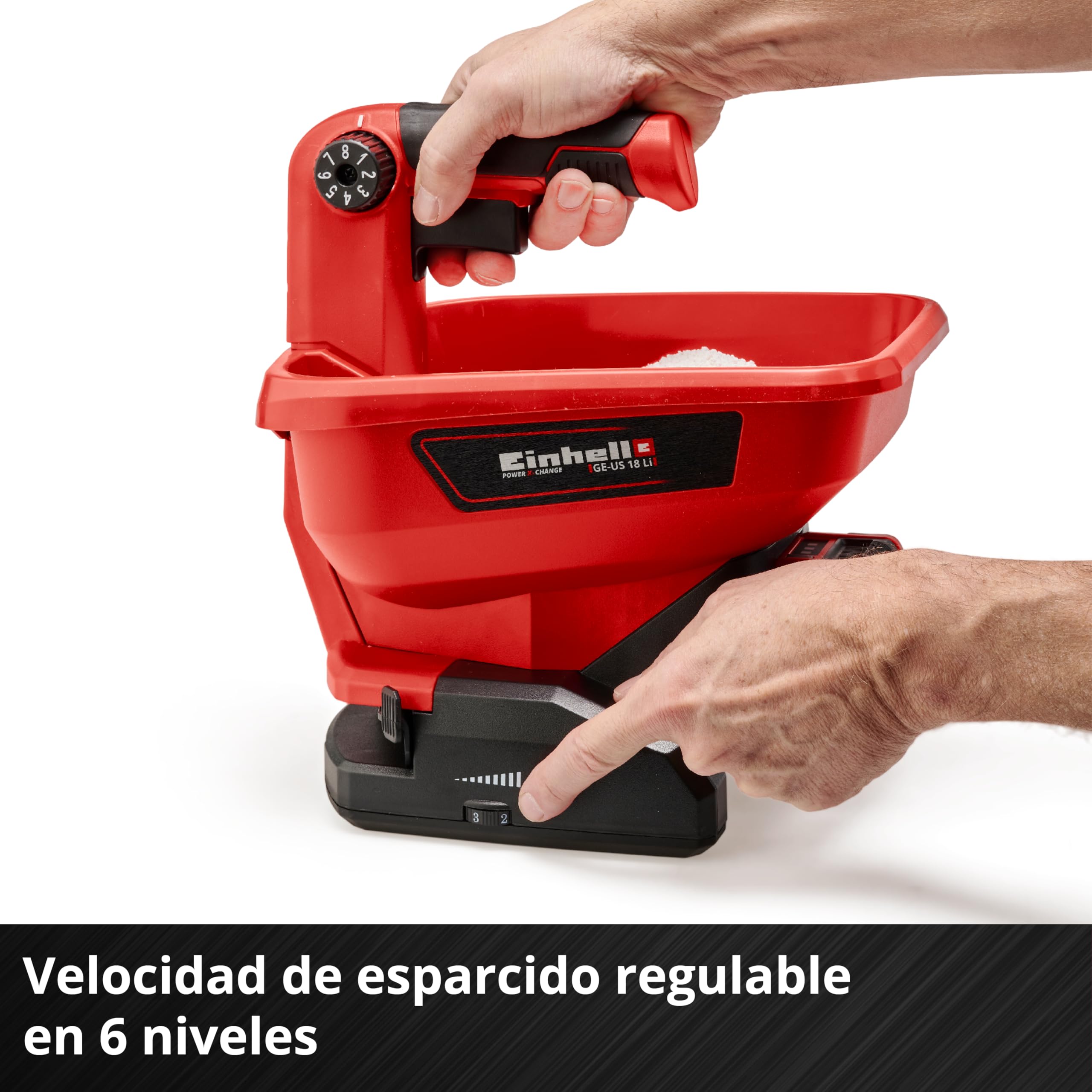 Einhell Esparcidor universal - GE-US 18 Li-Solo Power X-Change - 3,3 L, control de velocidad de 6 pasos, 8 configuraciones de volumen de esparcimiento | PXC - Depósito de 3,3 litros | electrónica de velocidad de 6 etapas | 8 niveles de regulación de la di