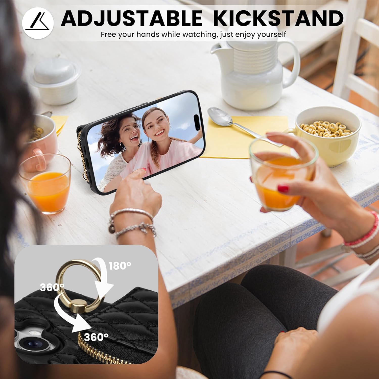 Keallce Case for iPhone 16 6.1'' Wallet Case, Crossbody Zipper Purse with Wristlet for Women, RFID Blocking Card Holders, 360° Ring Kickstand Flip Leather Case for iPhone 16, Black - Image 3