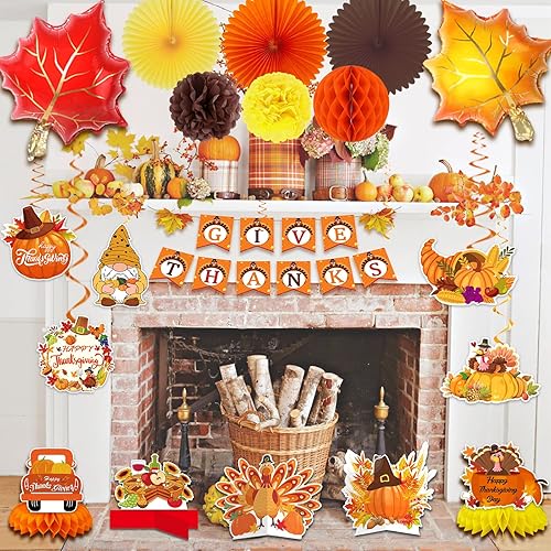 Miniatura 4 de Decoraciones de fiesta de Acción de Gracias, suministros de decoración de otoño, incluyendo pancarta de agradecimiento de calabaza, panal, centros