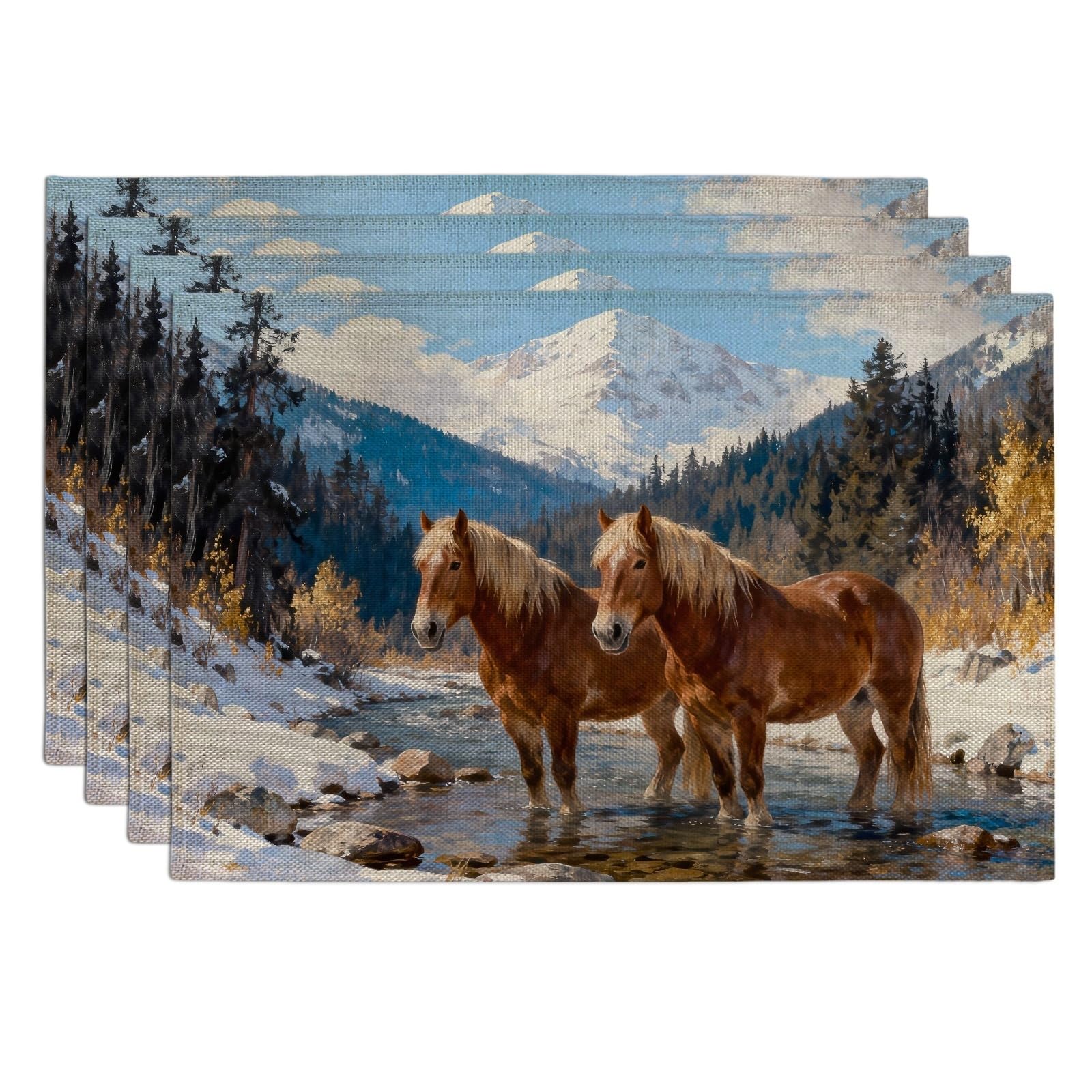 Horses in Nature Placemats, Rustic Country Landscape Place mats for Dining Table, Winter Seasonal Non-Slip Washable Indoor Outdoor Kitchen Party Decorative Placemat Set of 4