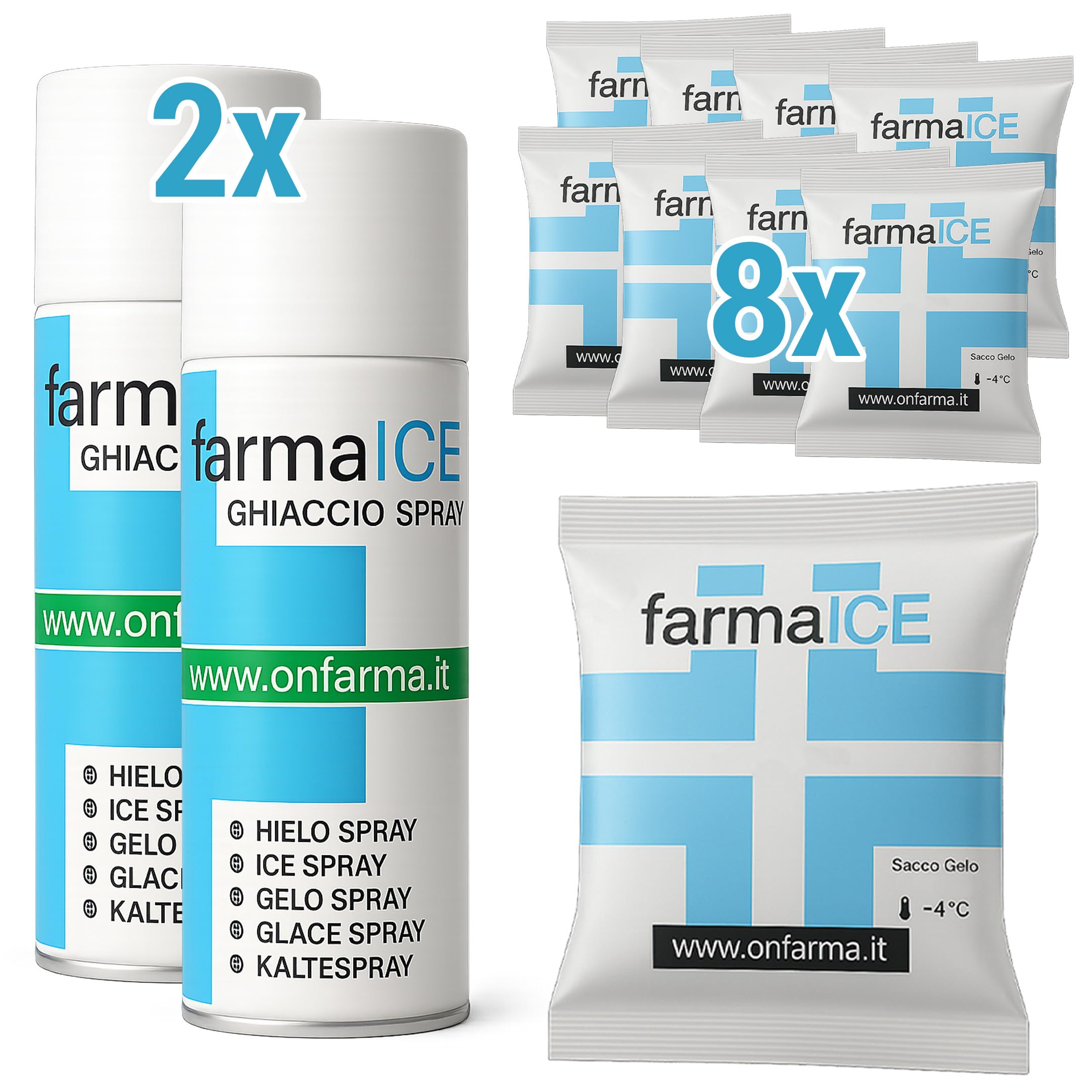 OnFarma KIT 8 pz. GHIACCIO SECCO ISTANTANEO BUSTA + 2 pz. GHIACCIO SPRAY 400 ML, Buste Ghiaccio Secco Medico FarmaICE, Ghiacco Sintetico Traumi, Sport e Crioterapia, Ghiaccio Pronto Uso, Freddo Spray.
