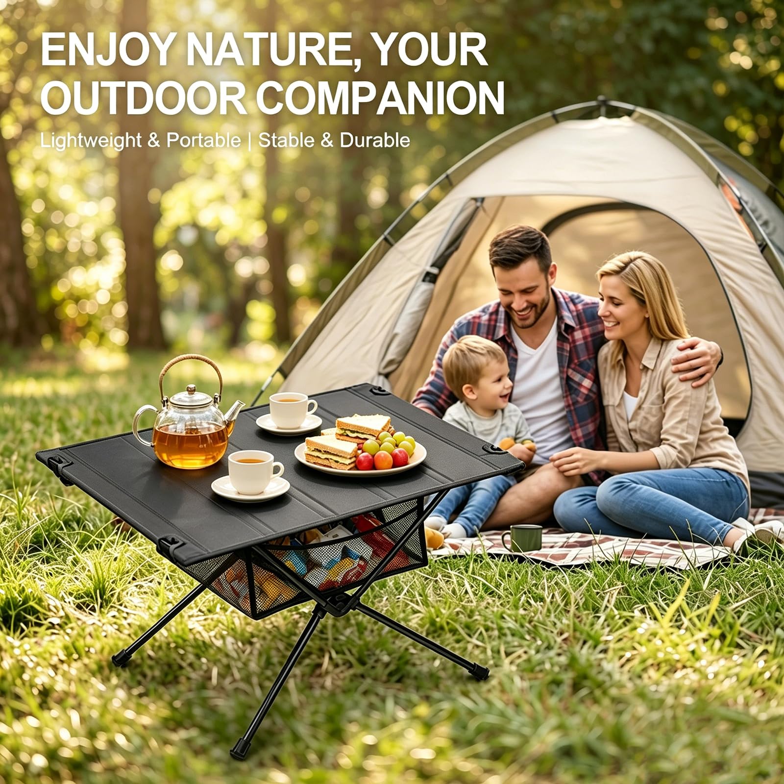 Gohytal Table pliante portable en aluminium avec sac de transport et sac en filet, table d'extérieur pliable pour camping, pique-nique, cuisine, jardin, randonnée, voyage (noir)