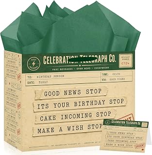 Vintage Telegraph Birthday Gift Bag with Greeting Card and 3 Green Tissue Paper Sheets, Retro Telegram Present Bag, Good News Party Gift Packaging, Celebration Favor and Birthday Gift Exchange