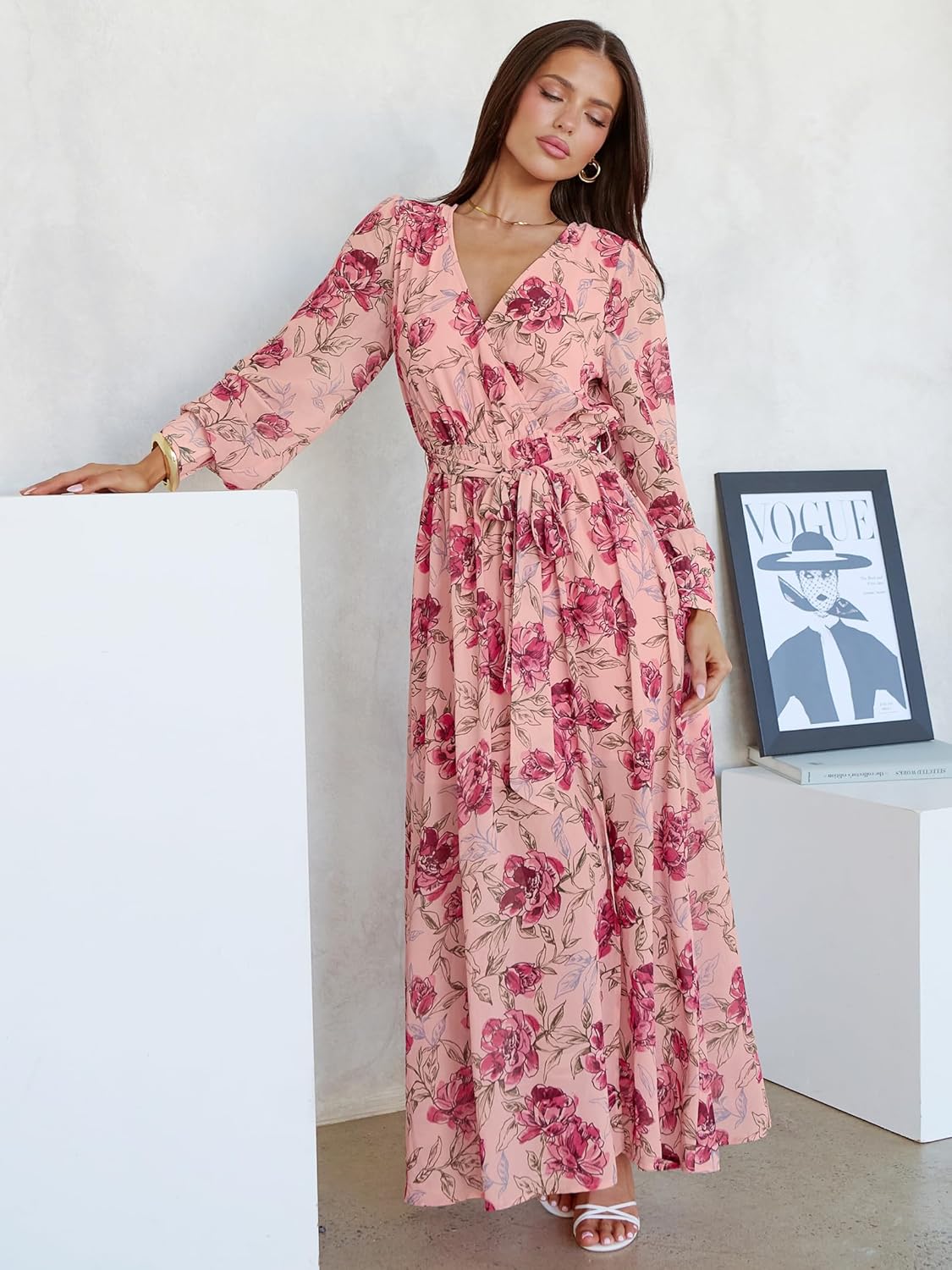 ANRABESS Women’s Long Sleeve Floral Maxi Dress Boho Flowy Wrap Slit V Neck Beach Fall Wedding Guest Party Vacation Dresses - Image 4