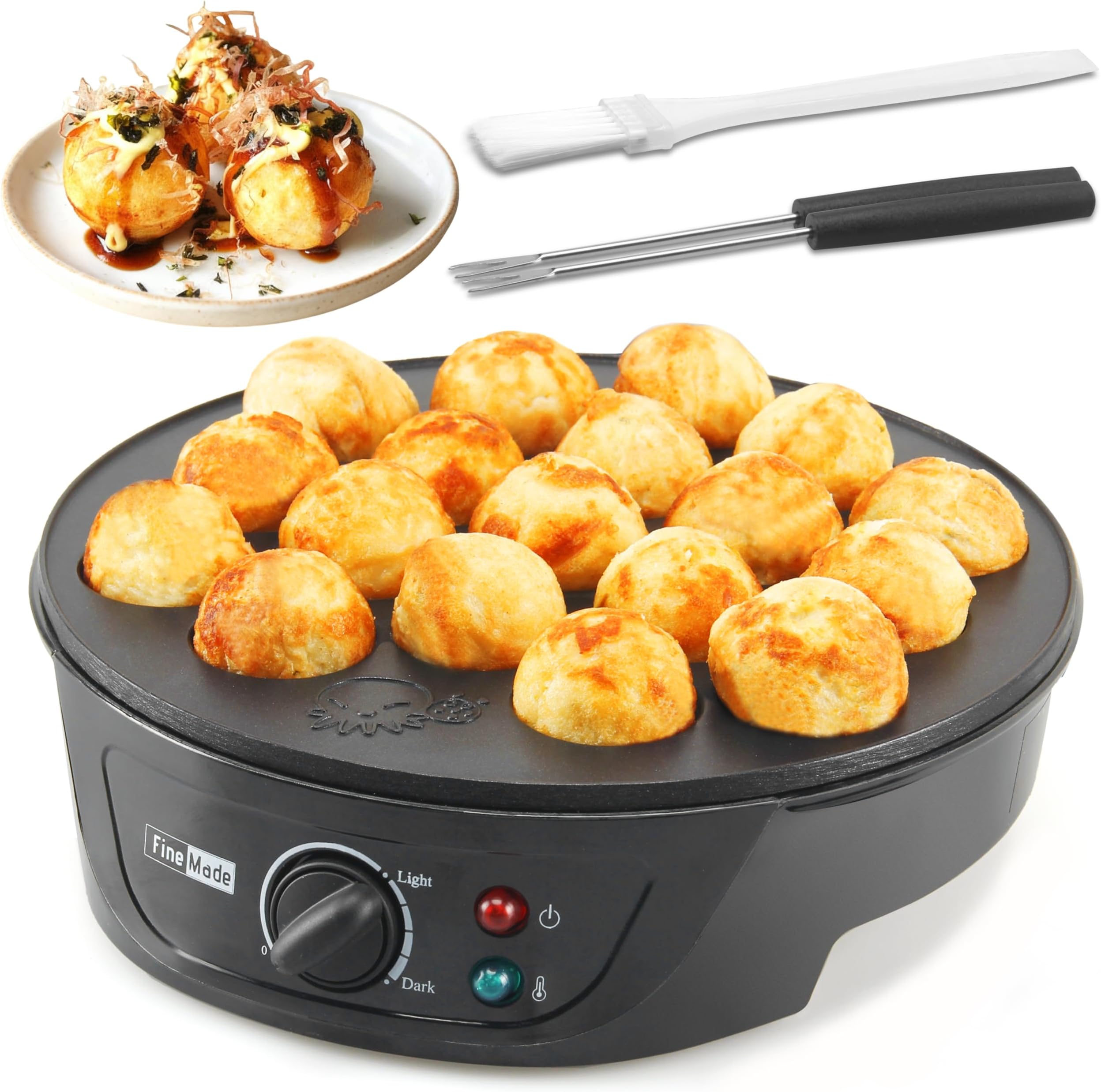 Takoyaki Maker Pan with Temperature Control, Tools and Recipes, Make 18 Japanese Octopus Balls at once, Easy to Use and Store