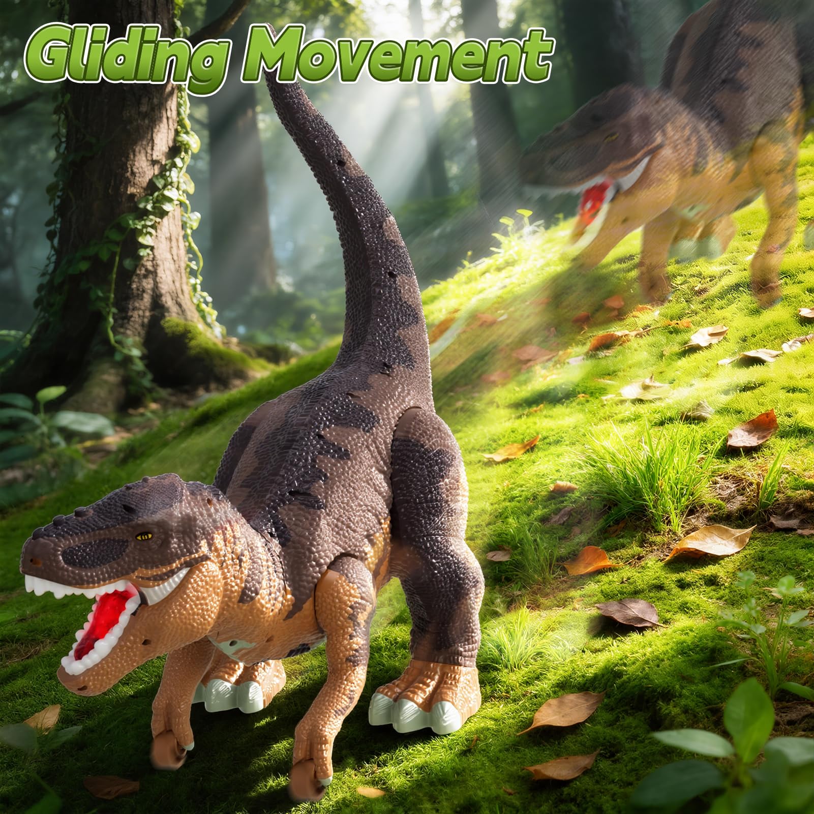 Figura de Dinosaurio de 24 Pulgadas con Ruedas Móviles, Rugido y Spray de Neblina – Cabeza y Cola Extraíbles, Contiene 10 Mini Dinosaurios – Juego Interactivo para Niños (Marrón)