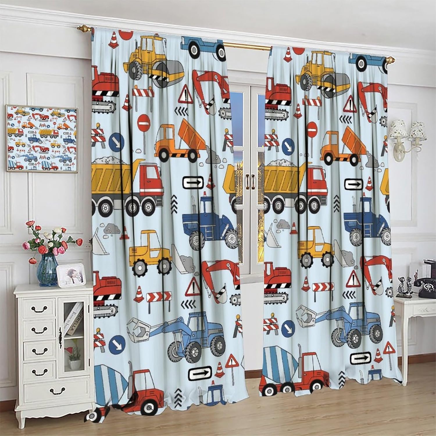 Cartoon Funny Construction Curtains,Boys Room Decor Colorful Truck Car Excavator Print Window Drapes Thermal Insulated Rod Pocket Blackout Curtains for Bedroom 2 Panels 63" L x 21" W