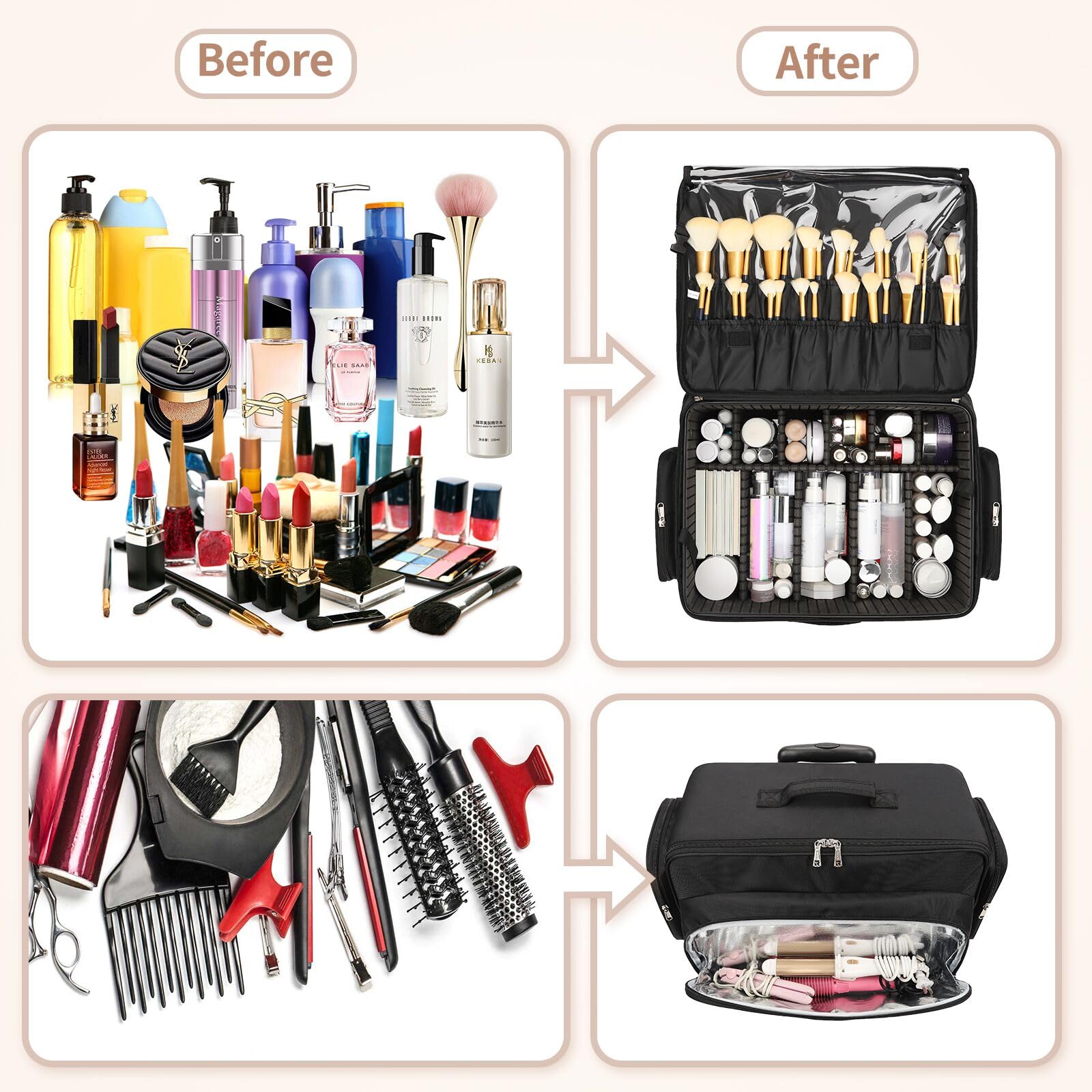 Grande valigetta cosmetica trolley, professionale beauty case con 4 piccole borse cosmetiche, valigetta da viaggio per cosmetici, organizer portatile da parrucchiere, Nero , Viaggio