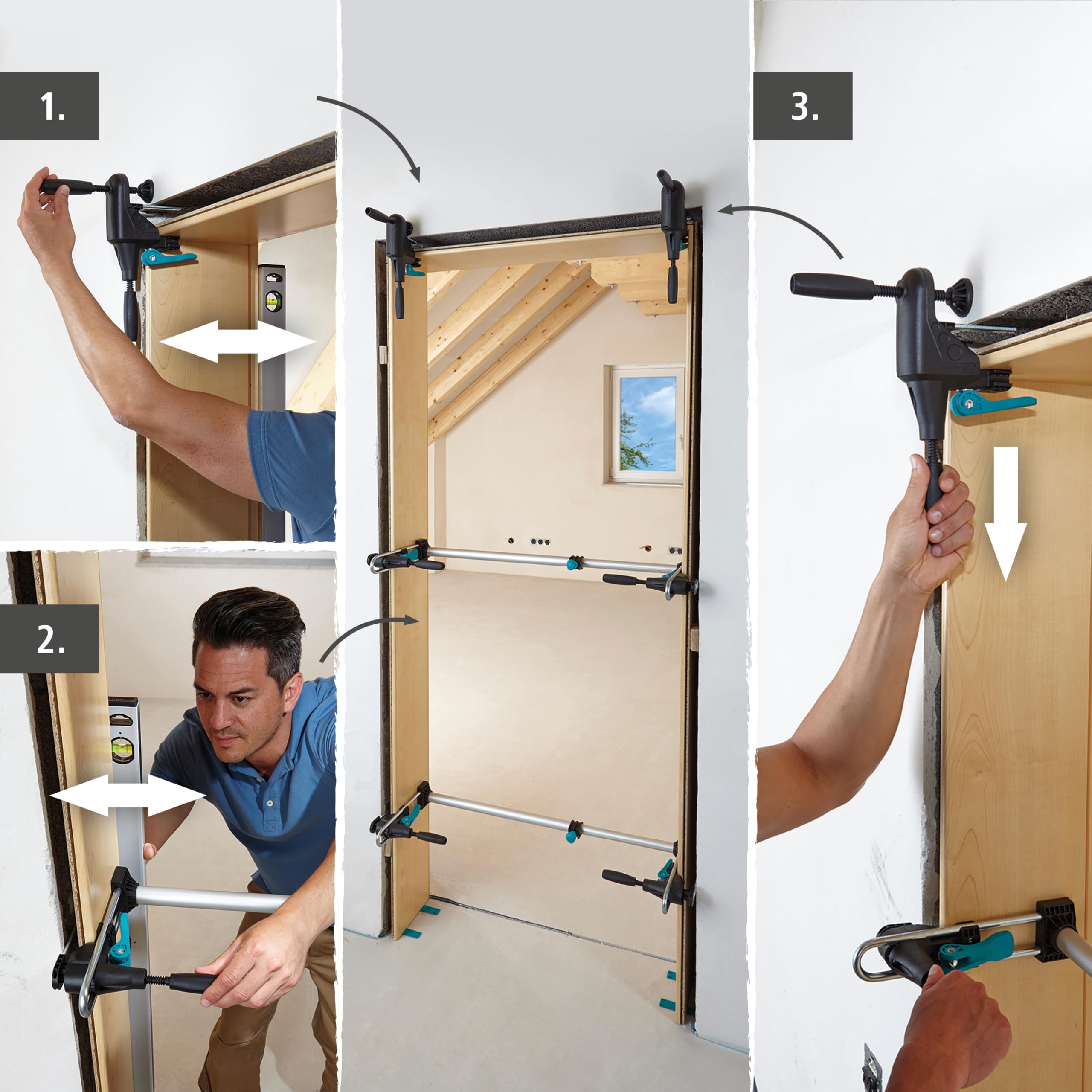 wolfcraft Türfutter-Montage-Set „PRO“ 12tlg. - + Türblatt-Montage-Set Hebebügel aus Stahl, Führungshilfen mit Messskala I Einfaches Einhängen und Tragen durch eine Person