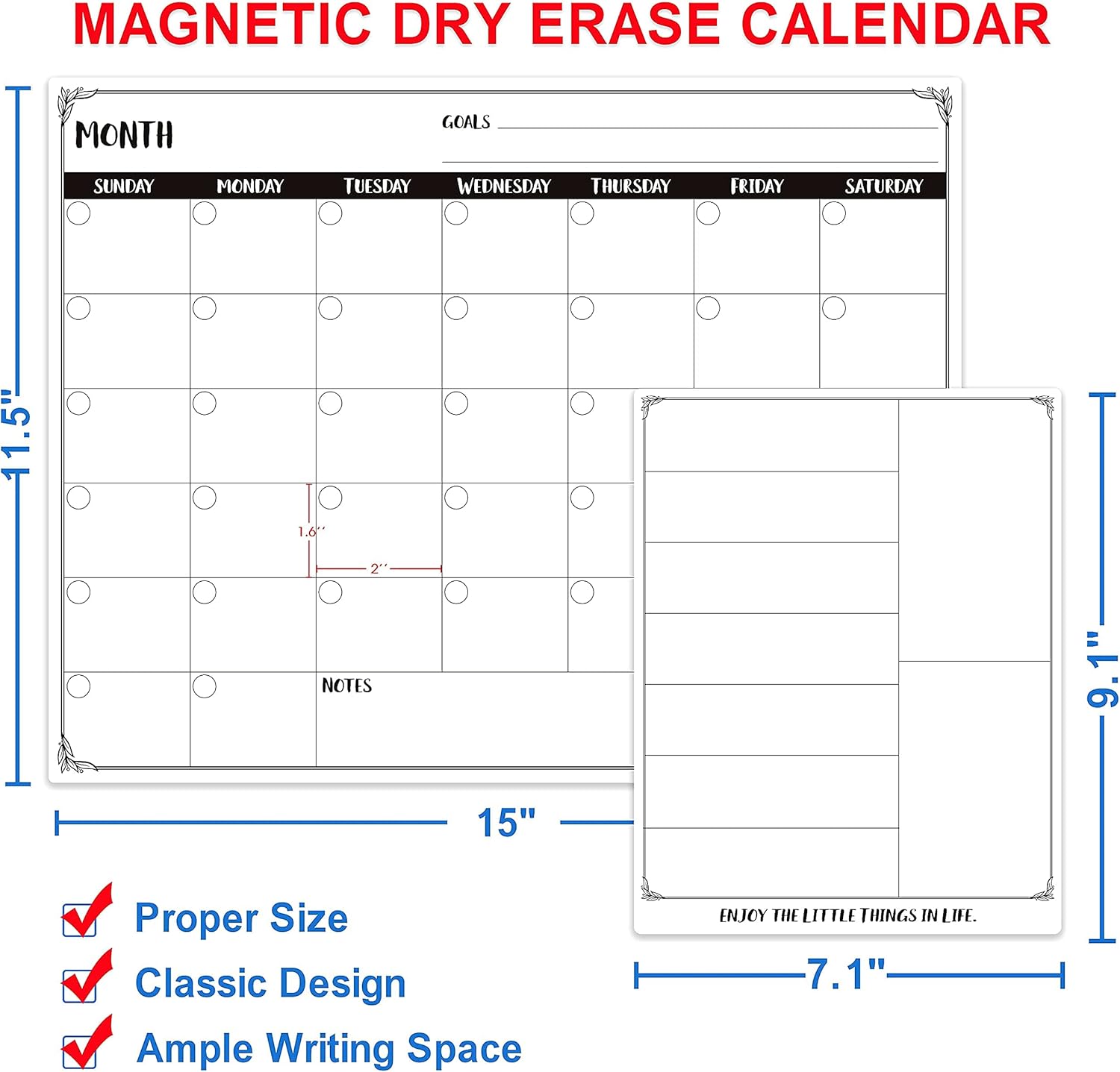 Magnetic Dry Erase Calendar - White Planning Board Magnetic Calendar for Refrigerator with Grocery List Magnet Pad, Monthly Calendar Whiteboard, 15" × 11.5", Desk & Wall & Fridge Calendar/Planner : Everything Else
