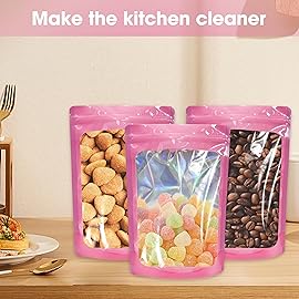 Pink 7 x 10 Stand Up Pouch Bags, 100 Pack - Clear Front & Aluminum Foil Back, Resealable and Heat Sealable Storage Bags for Food, Snacks, Coffee, Candy, and More