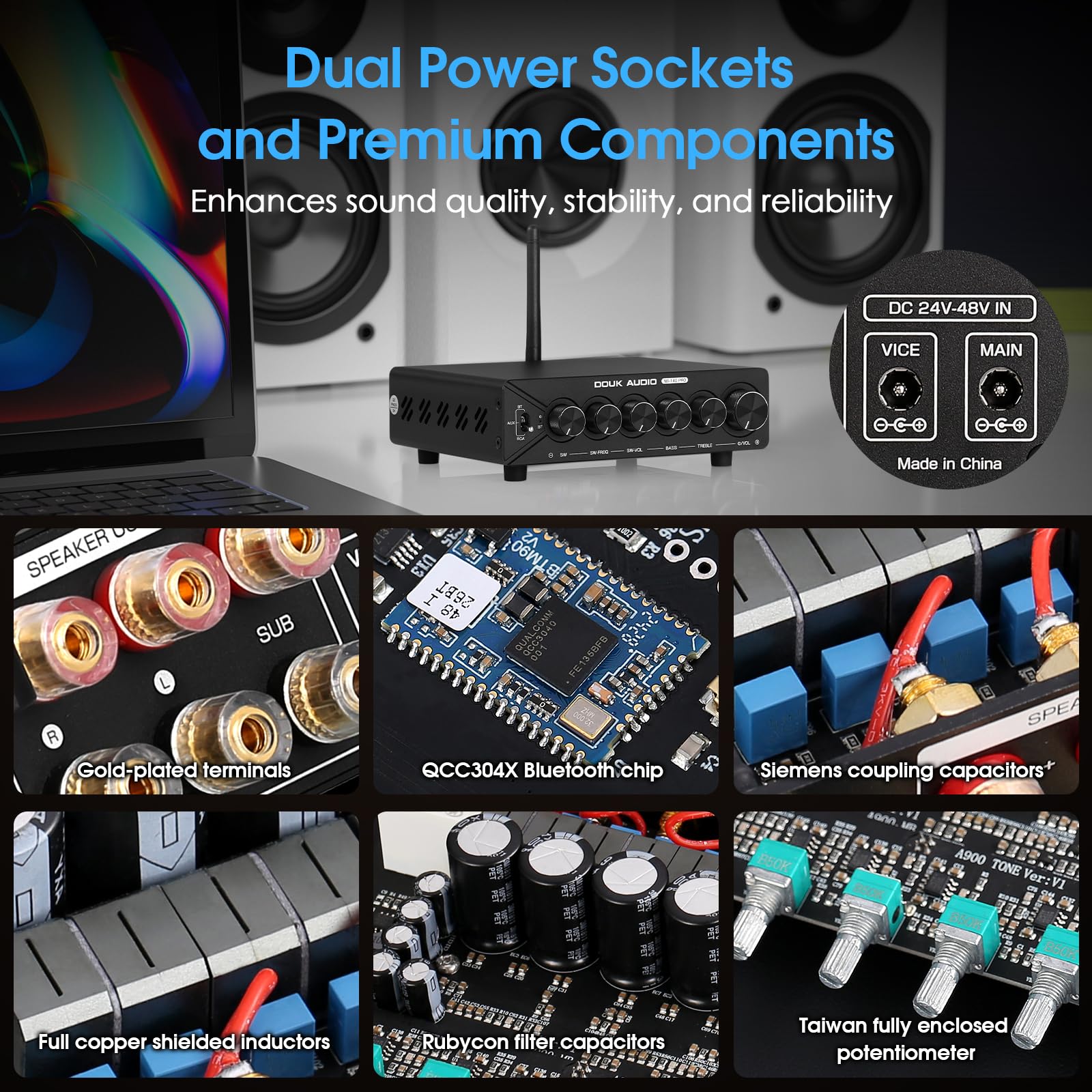 DoukAudio - Amplificatore a 2.1 con Bluetooth: Dual chip TPA3255, aptX-HD, subwoofer da 300 W e alimentatore da 48 V per audiofili (NS-14G Pro)