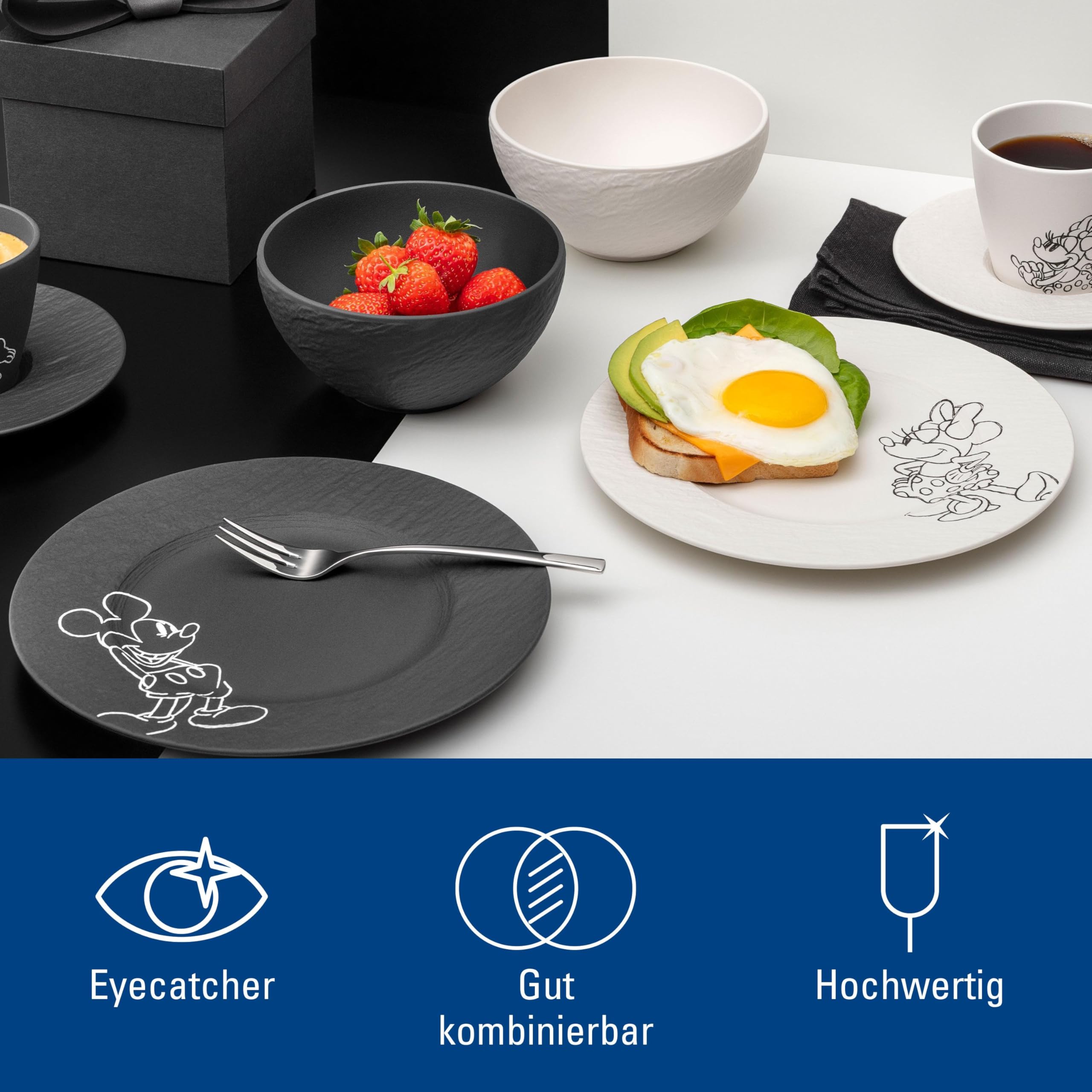 Villeroy & Boch Manufacture Rock – Mickey Mouse – Frühstücks-/ Dessertteller, 2-teilig, schwarz/weiß, spülmaschinenfest & mikrowellensicher, Schieferoptik mit Mickey Mouse Dekor, Premium Porzellan