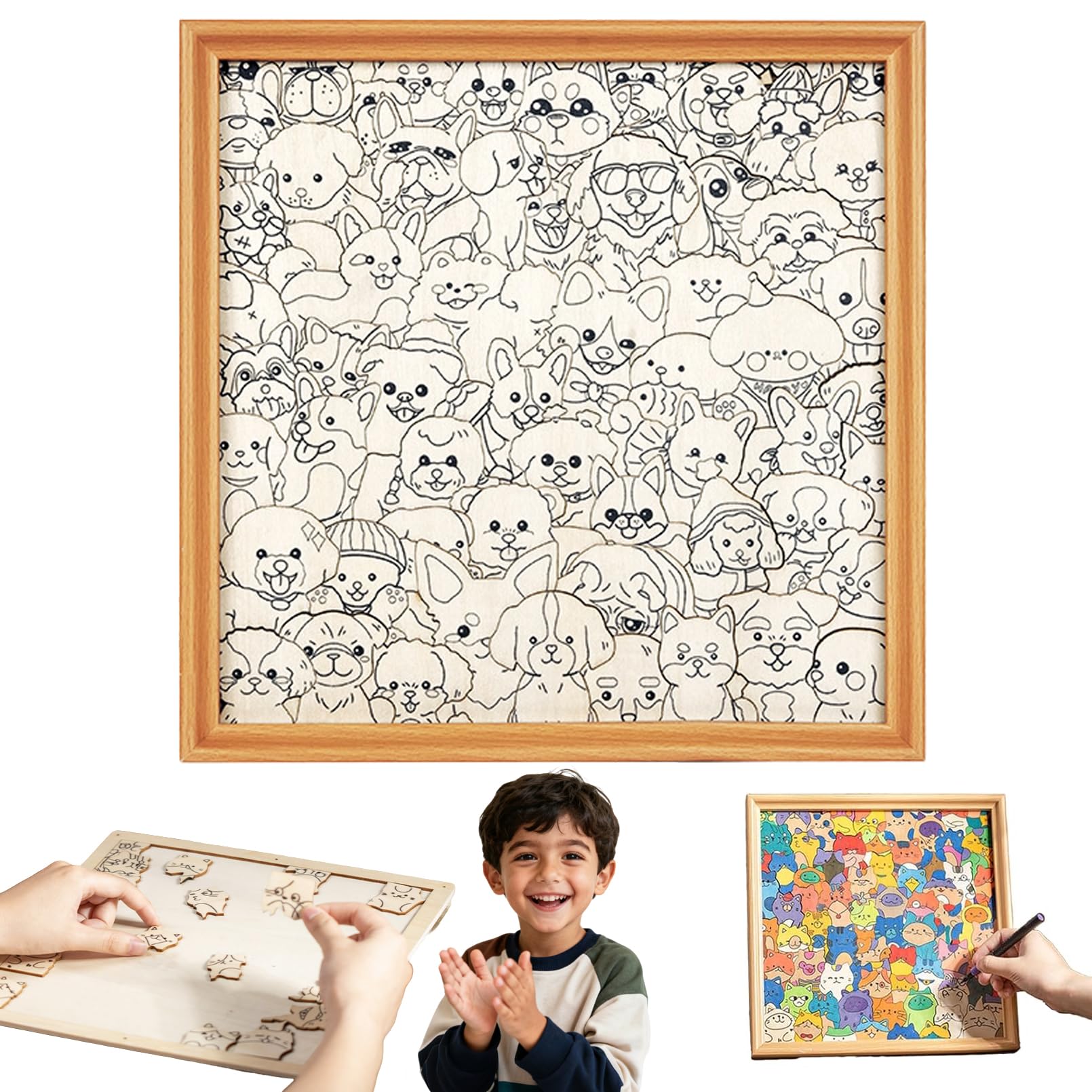 Wooden Coloring Puzzle, DIY Wooden Cat Puzzle Frame, Paintable Creative Handmade Photo Frame, Cat Puzzles Decor for Home Decoration Craft Lover (Dogs-No Pen)