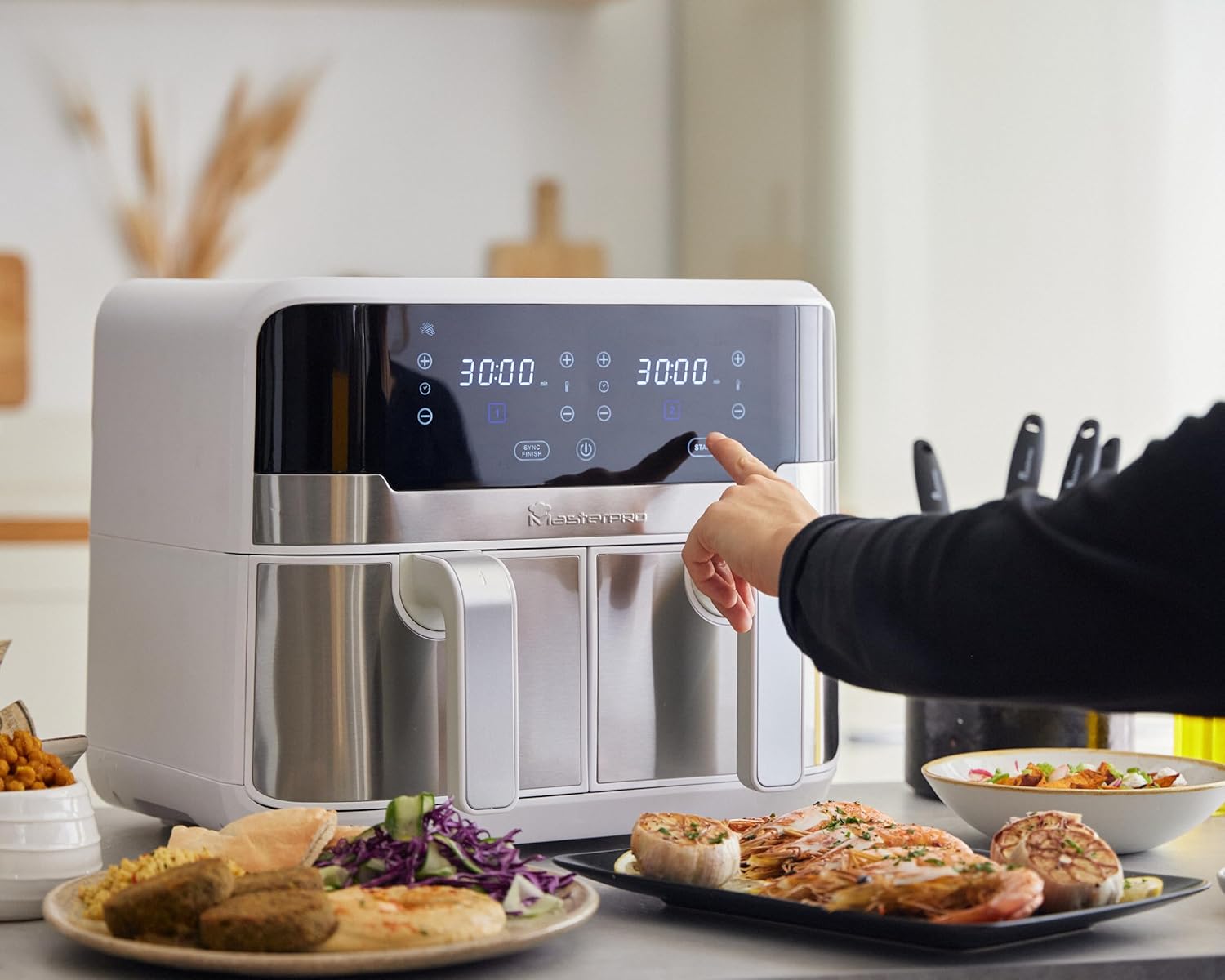 MasterPRO Rocket Duo 900 Dual Air Fryer with one basket removed, showing the control panel