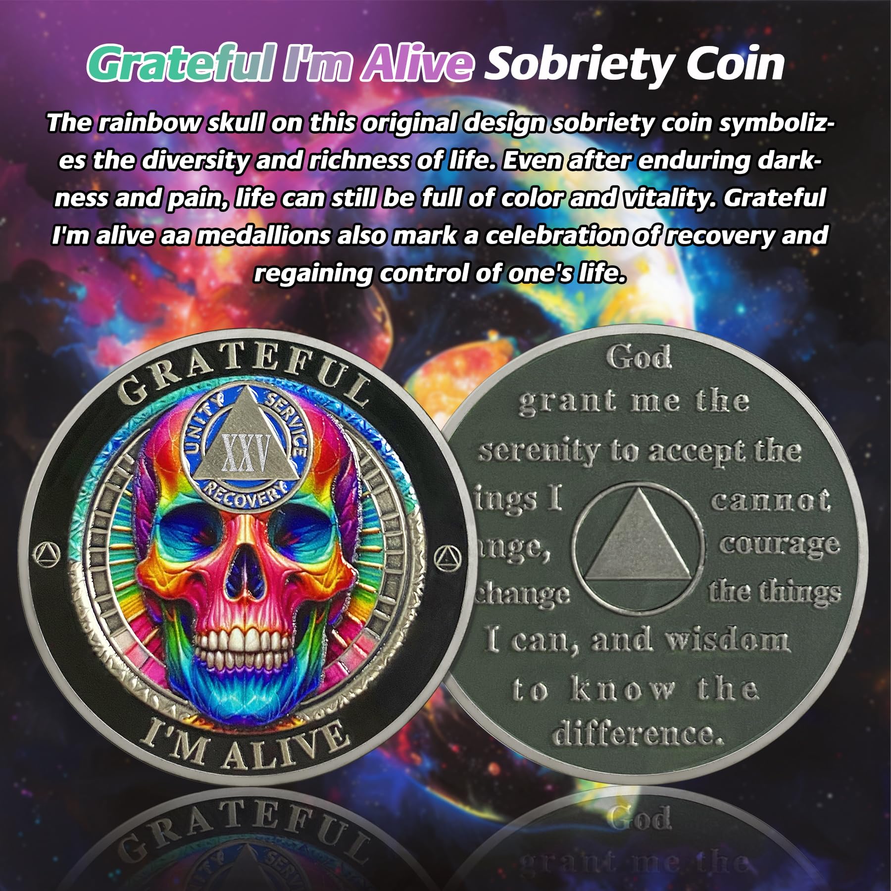 Tęczowa czaszka 25-letnia moneta trzeźwości - Monety AA Grateful I'm Alive - Recovery Addiction NA AA żetony i medaliony - 1-30 lat życia czyste narkotyki alkoholicy anonimowe prezenty dla mężczyzn