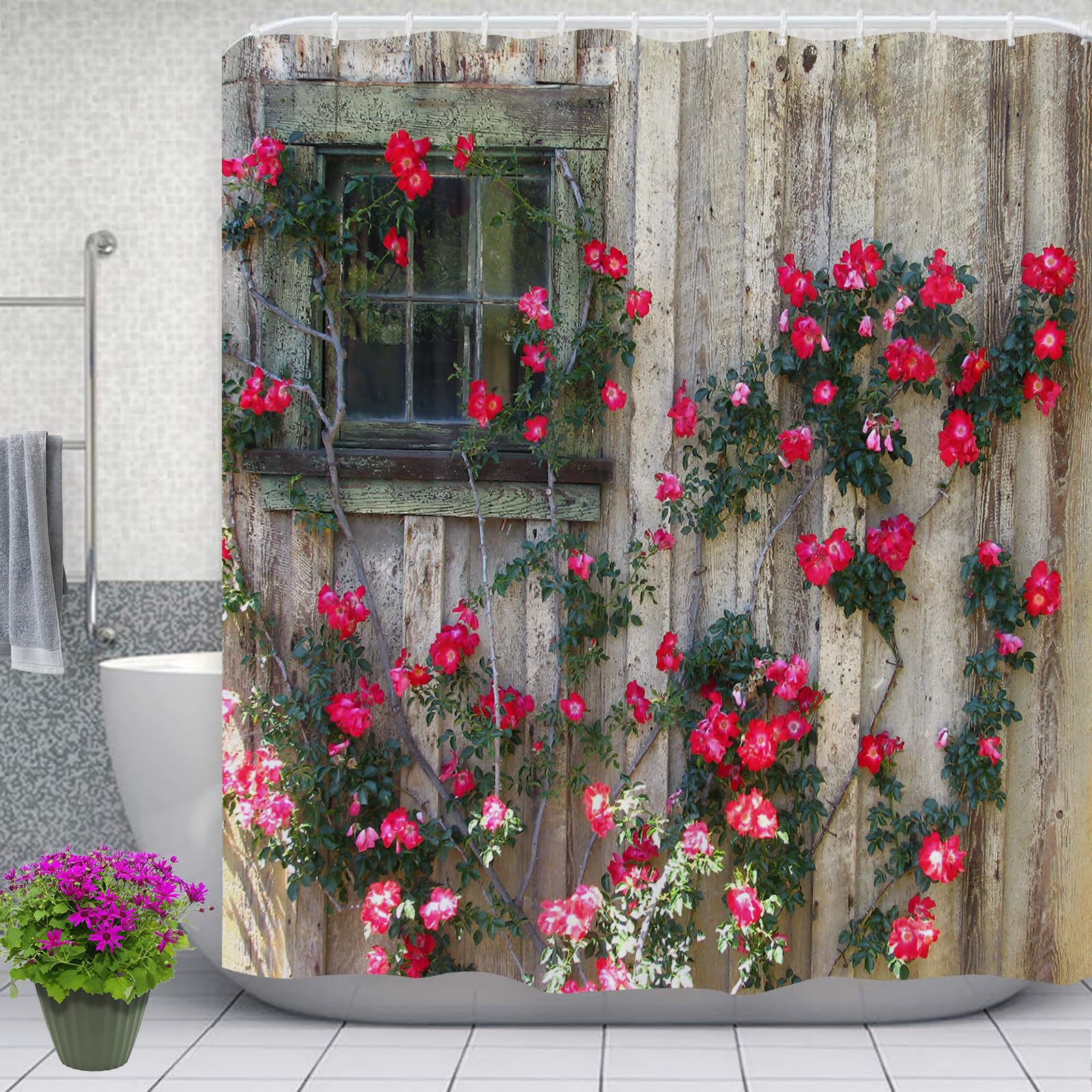 Newhomestyle 3D Garden View Shower Curtain, Outdoor Pink Flowers Wooden Scene Garden Decoration - Image 2