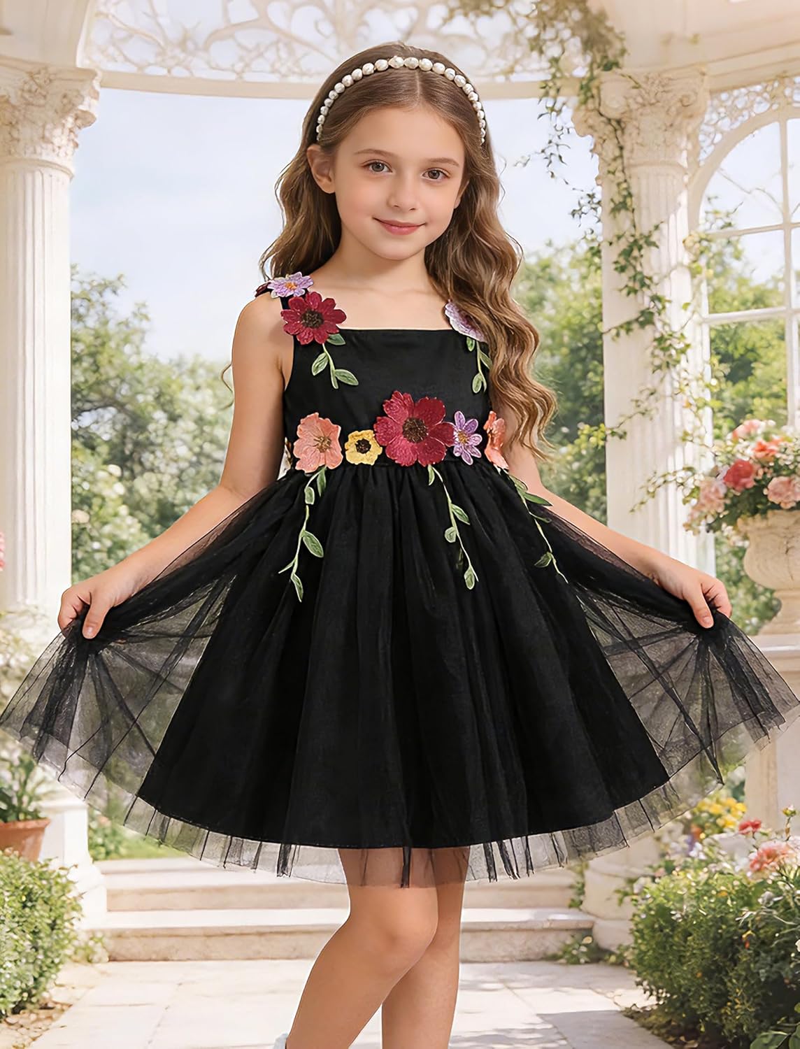ODASDO Flower Girl Tulle Dress Kid Floral Embroidery Square Neck Sleeveless A-line Princess Tutu Dresses for Wedding Birthday - Image 2