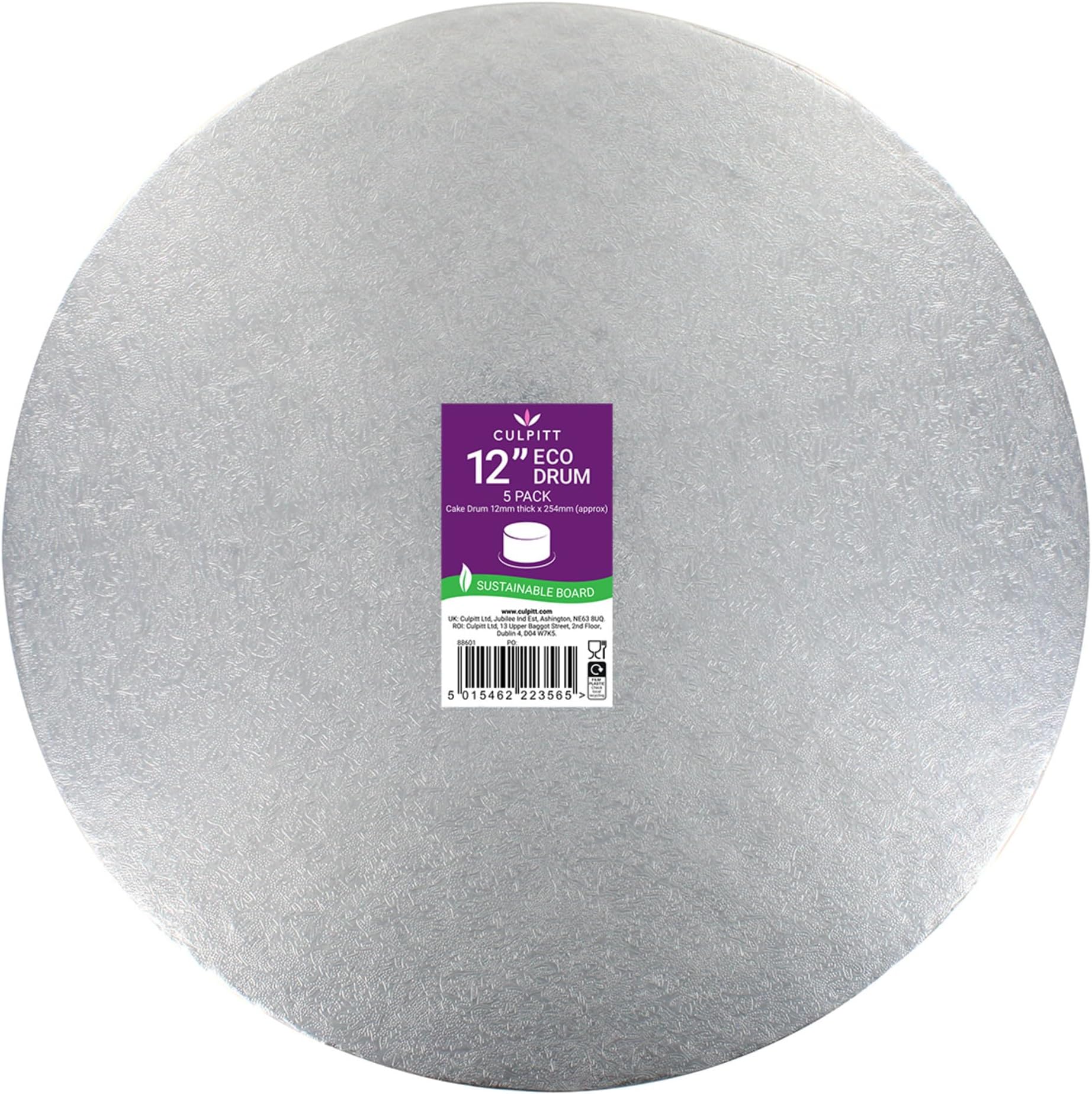 Culpitt ECO Cake Board | 12" - 5 Pack | Cake Drum, Silver Fern, 12 Inch (304mm) Round, 0.5 Inch (12mm) Thick, (Pack of 5 Boards)