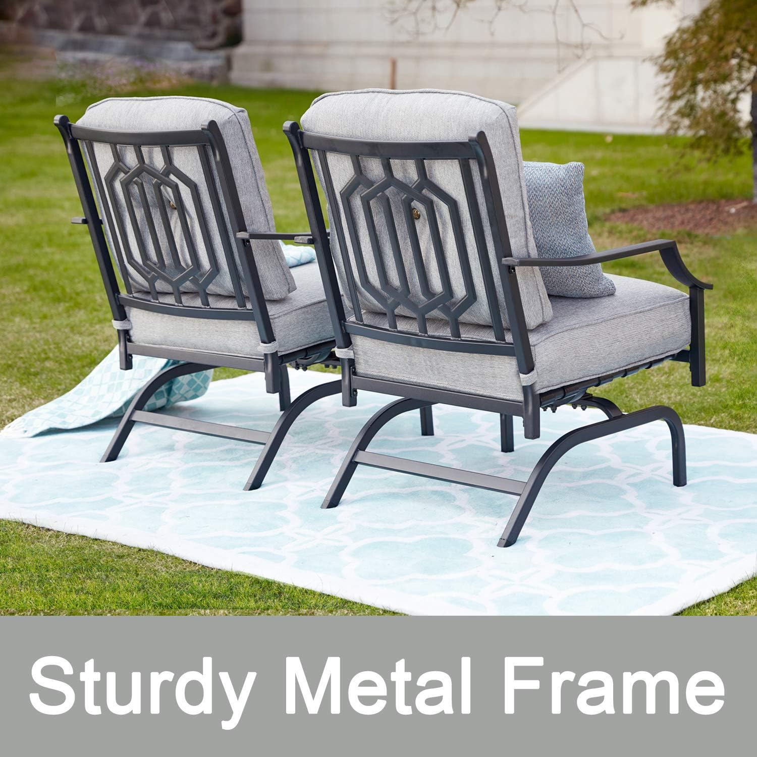 Patio Conversation Set Bistro Sets Bar Stools Metal Frame Outdoor Furniture with 2 Cushioned Rocking Chairs and 1 Coffee Table (Grey)