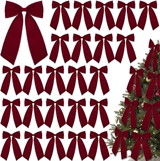 Riceshoot 24 Pcs Velvet Christmas Tree Top Bows with Wired Edge,Burgundy | 10x16 Inch Ribbon Design, Ideal for Wreath Garland Banner, Napkin Rings, Fireplace Indoor Outdoor Holiday Decoration