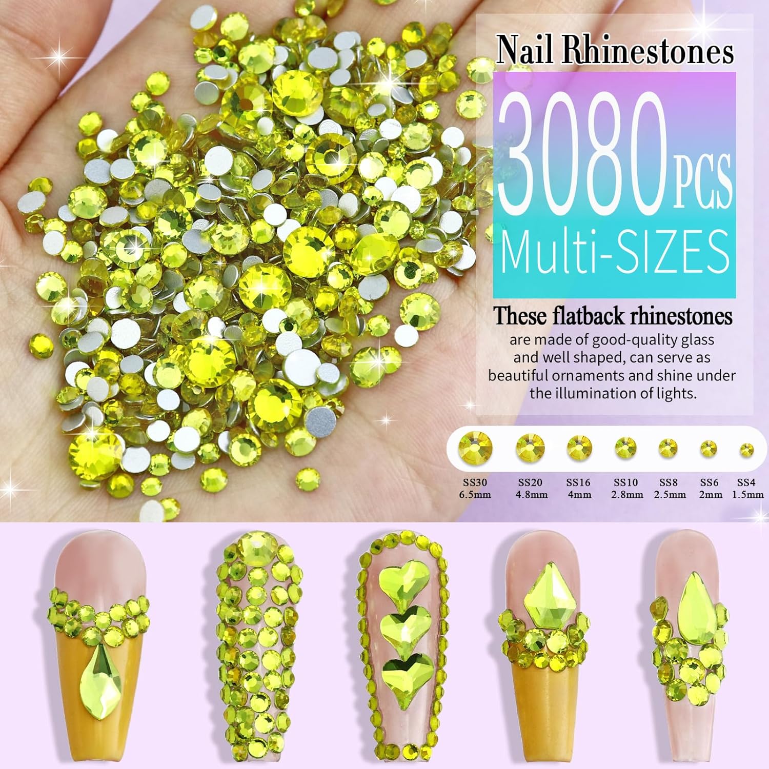 Dowarm 3200PCS Nail Art Rhinestones, Citrine/Yellow Flatback Rhinestones for Nails, Crafts, 12 Styles 3D Glass Crystal Nail Gems, Glitter Diamond - Image 3