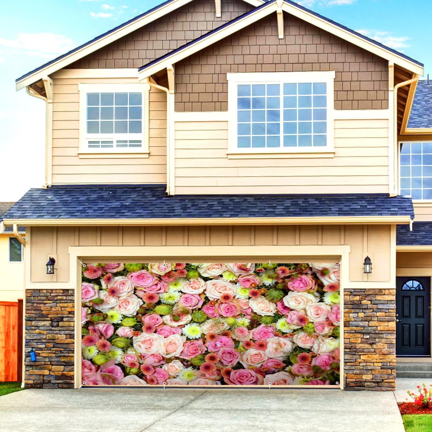 Floral Garage Door Cover Banner Decorations Backdrop 7x16ft Large Pink White Rose Wall Spring Colorful Flowers Garage Door Cover Outdoor Birthday Party Baby Shower Wedding Garage Door Photo Background