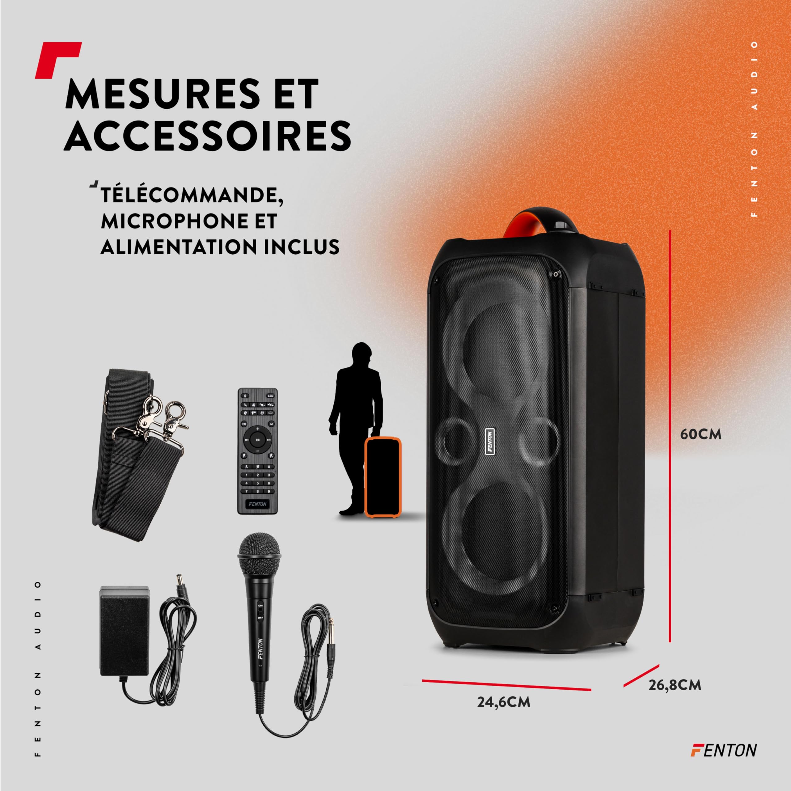 Fenton Core120 Enceinte Sono Portable Lumineuse avec Bandoulière - 180 Watts, Autonomie 12H, Facile à Transporter, Micro & Télécommande Inclus, Idéale pour Toutes Vos Soirées Extérieures