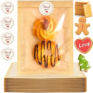 100 Pcs Cookie Bags with Seal, 5.1x7.5" Cookie Packaging with 100 Pcs Stickers, Heat Sealable & Grease Resistant Paper Bakery Bags with Window, Pastry Bags for Sandwich Treat Donut Cake Slice Brownie