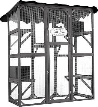 71" Walk in Outdoor Cat Enclosure, Large Wooden Catio for Cats Outdoor Enclosure with Waterproof Cover and Platform, Outside Cat Playpen