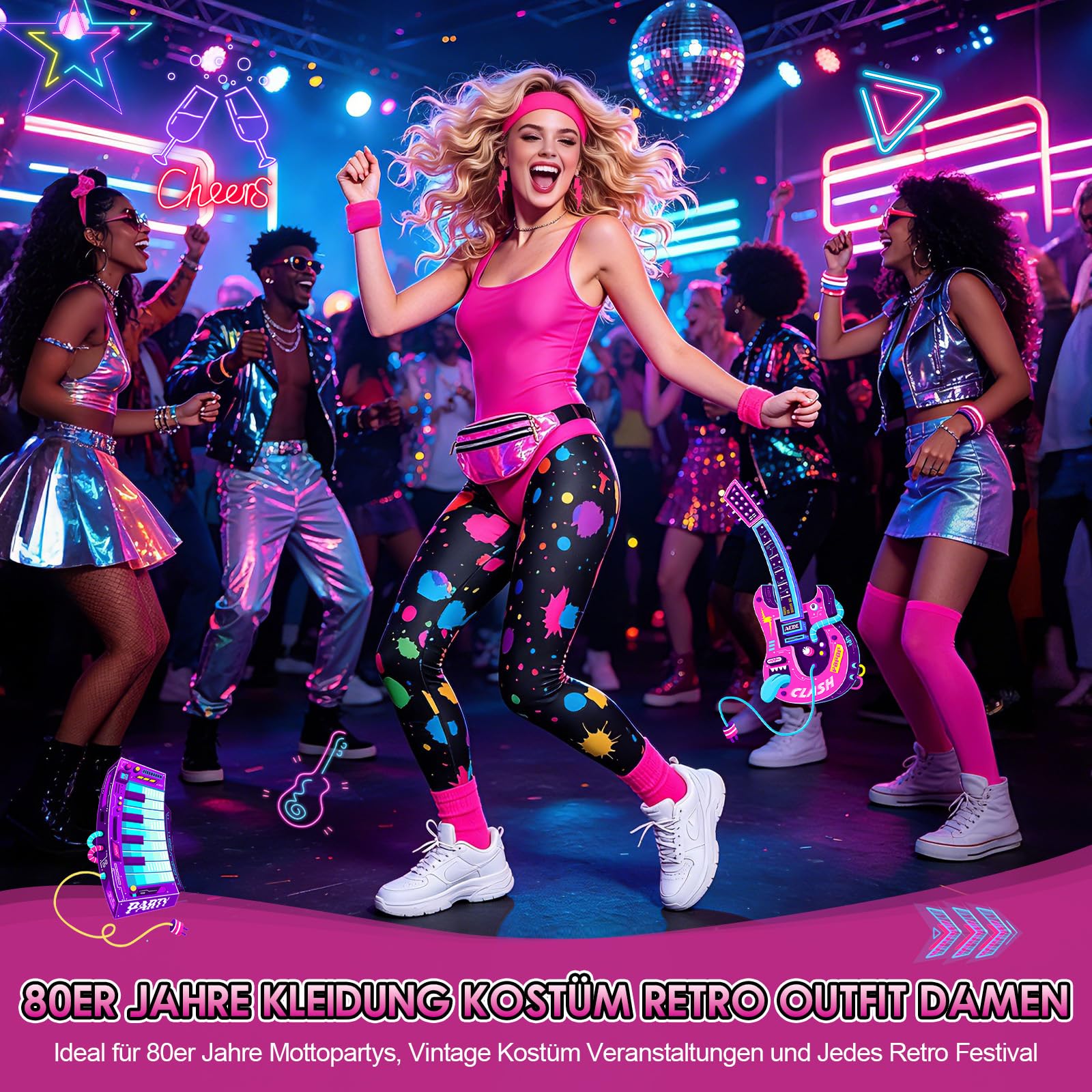 80er Jahre Outfit Damen Set 80er Jahre Kleidung Kostüm Mottoparty Retro Outfit 80er Jahre Workout Kostüm 80er Kleidung Accessoires 80 Aerobic Outfit Damen 80er Aerobic Kostüm 80 90er Sport Outfit, L