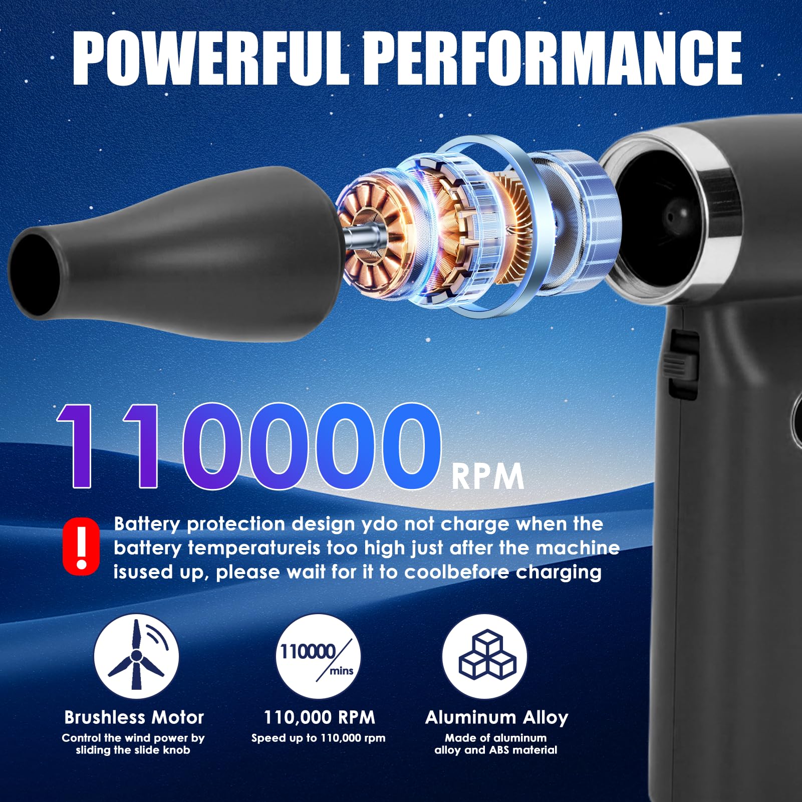Air Duster - Ventilador de aire comprimido (11000 rpm, potente turboventilador, sin niveles, recargable, con indicador digital LED, para casa y coche)