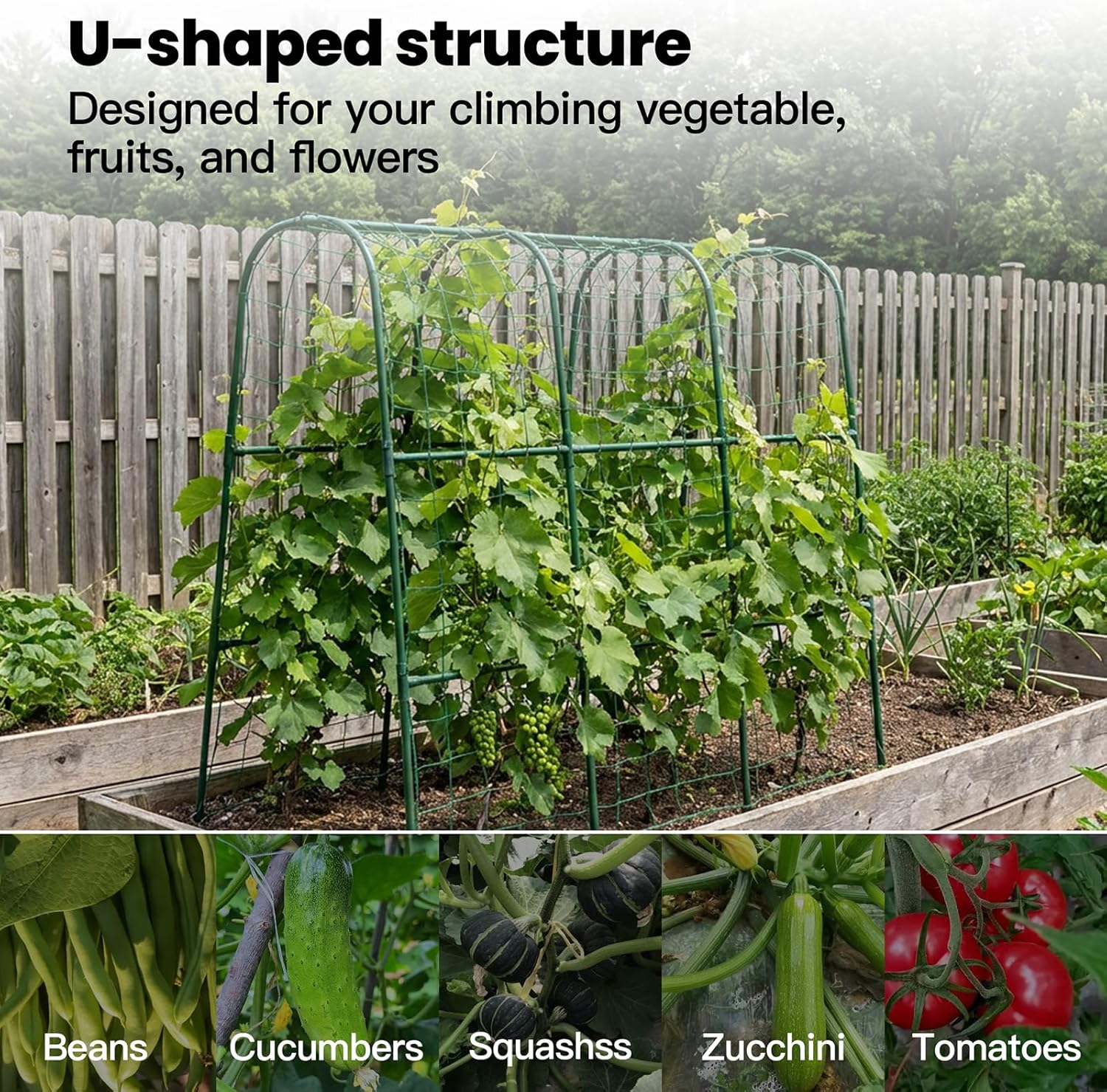 Cucumber Trellis for Raised Bed, Garden Trellis for Climbing Plants Outdoor, Metal Arch Trellis U-Shape Vegetables Support for Tomotoes Grape Vines Beans Peas (Green, 48" L x 24" W x 48" H)