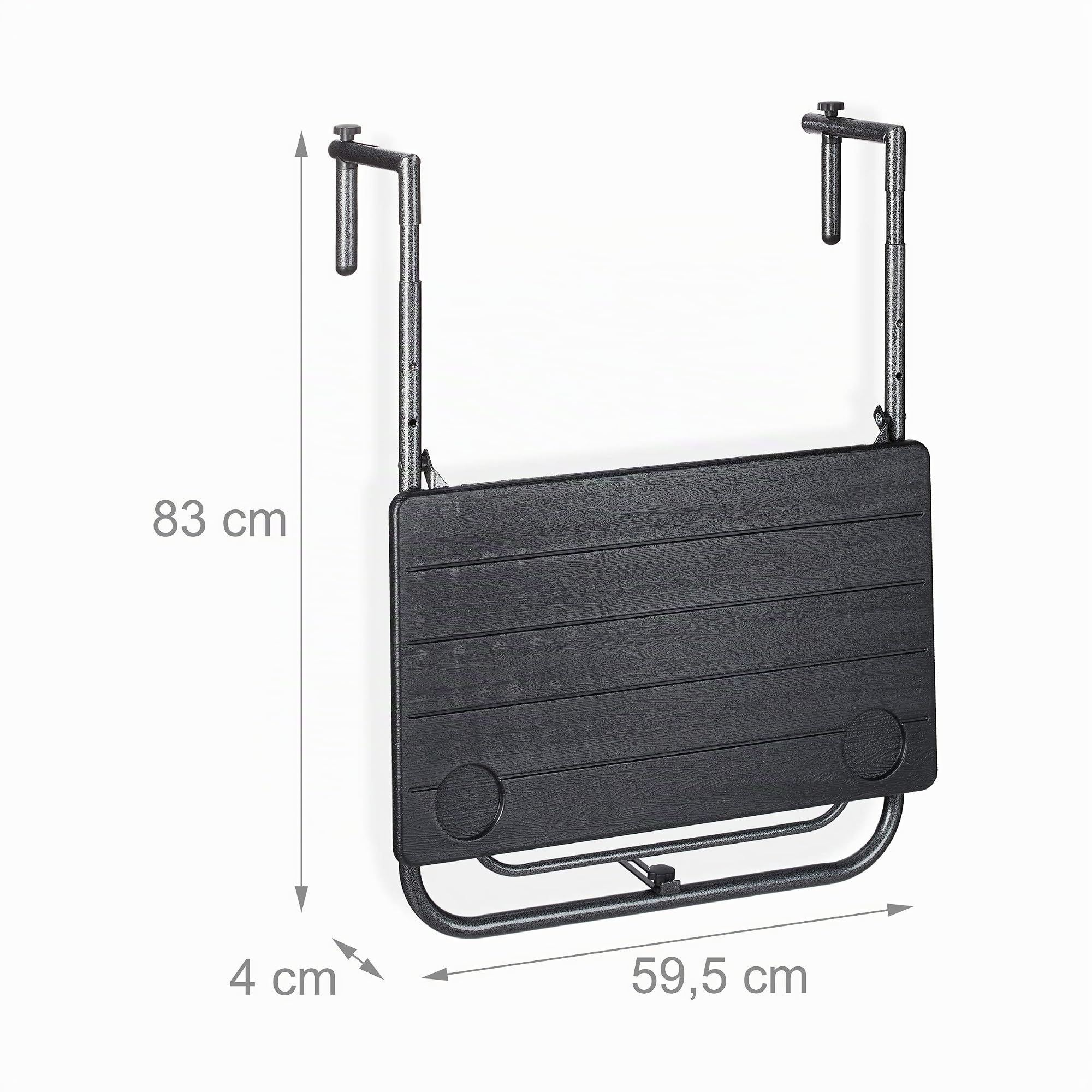 Relaxdays Table Balcon Suspendue, Rabattable, réglable en Hauteur sur 3 Niveaux, Aspect Bois, LxP 59,5 x 36 cm, Noir