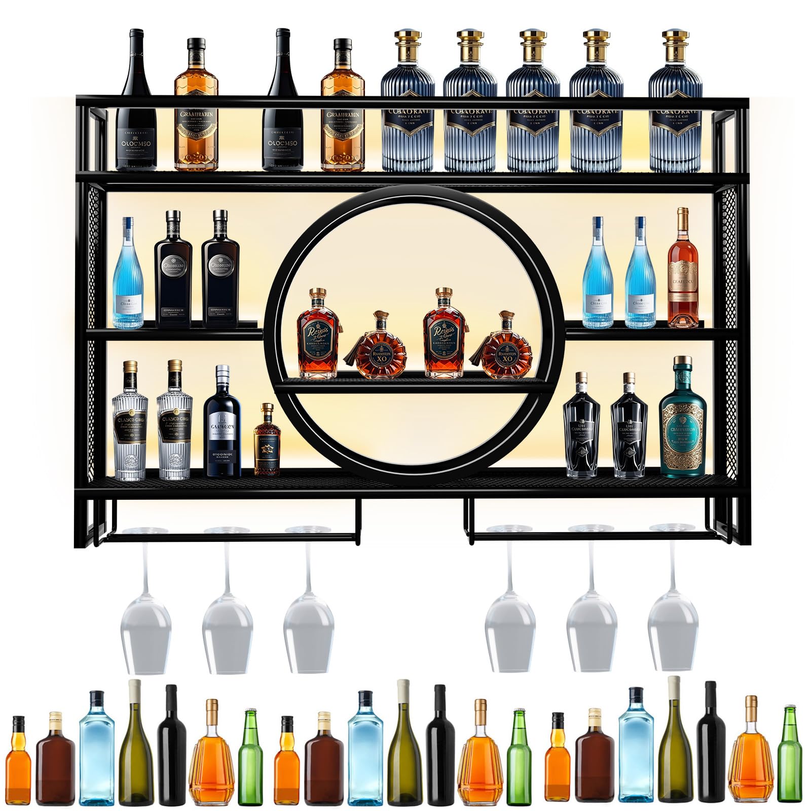 Genérico Estante de Vino Colgado Moderno Circular de Metal con Luz LED, Soporte para Botellas 3 Niveles para Cocina, Comedor, Bar y Decoración Hogar (Black, 120CM)
