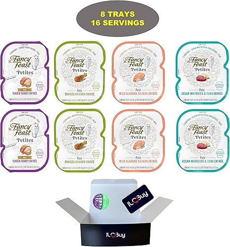 Miniatura 2 de Fancy Feast Petites - Alimento húmedo para gatos (2.8 onzas cada uno), 08 latas en total 2 pavos, 2 pollo, 2 salmón, 2 peces blancos. Más una pelota