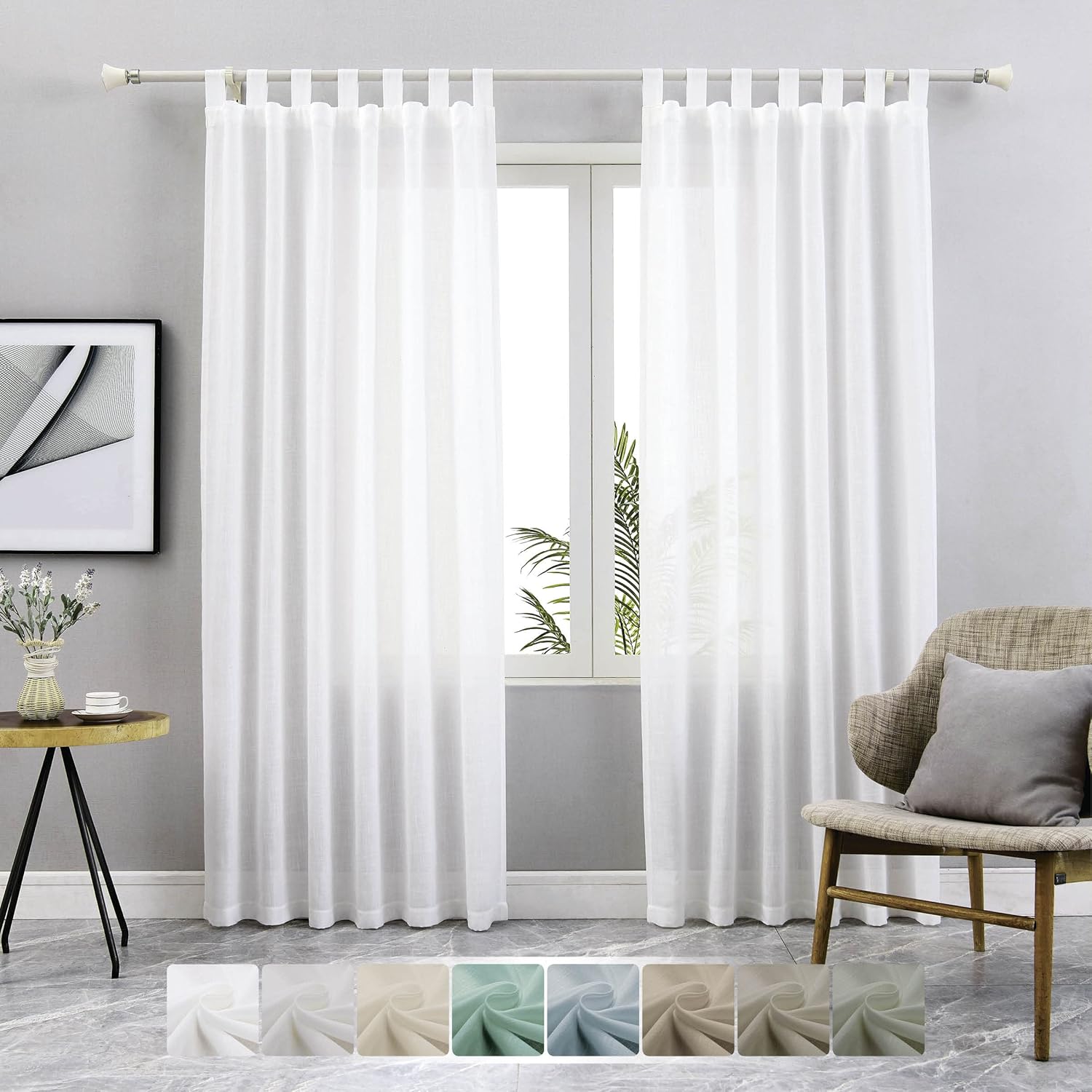 Hoydumuia Pure White Linen Curtains 84 Inches Length, Tab