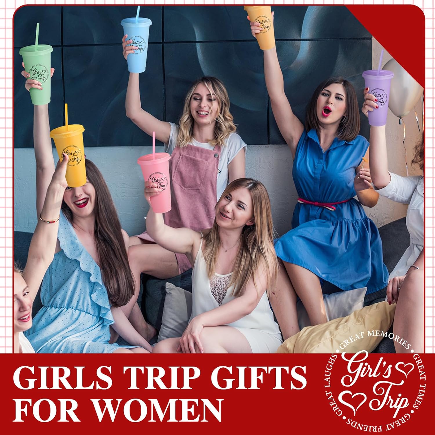 CHENGU 9 Set Girls Trip Gifts Favors Weekend Gifts 2026 for Girls Women Trip Cup with Lid Straw 24oz Plastic Tumbler Travel Friendship Cup for Friend Bachelorette Vacation Party (Bright) - Image 5