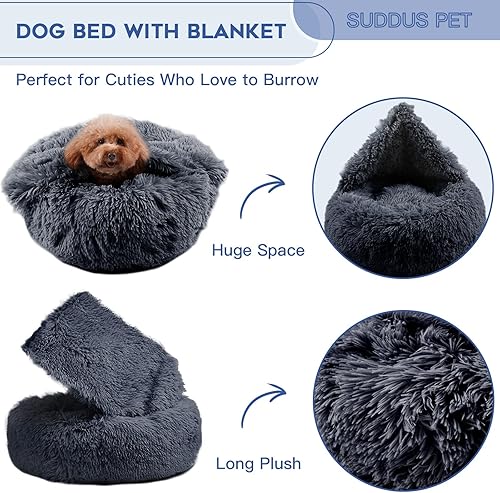 Miniatura 8 de suddus Cama para perros antiansiedad con manta adjunta, camas con capucha para perros medianos, cama redonda suave y esponjosa con forma de dona,